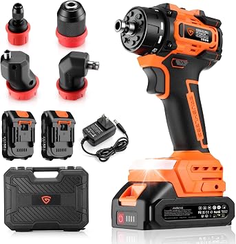 21V Brushless Cordless Drill Driver Kit, 5-in-1 Multi-Head System with 2 Batteries and Charger, Right Angle Adapter, Offset Head, 3-Jaw Chuck, Extension Head
