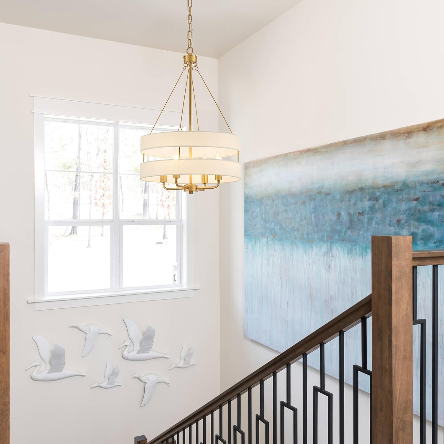 4-Light Rustic Drum Chandelier for Foyer, Gold Pendant Light Fixture with Fabric Shade, Modern Farmhouse Chandelier for Dining Room Entryway Bedroom