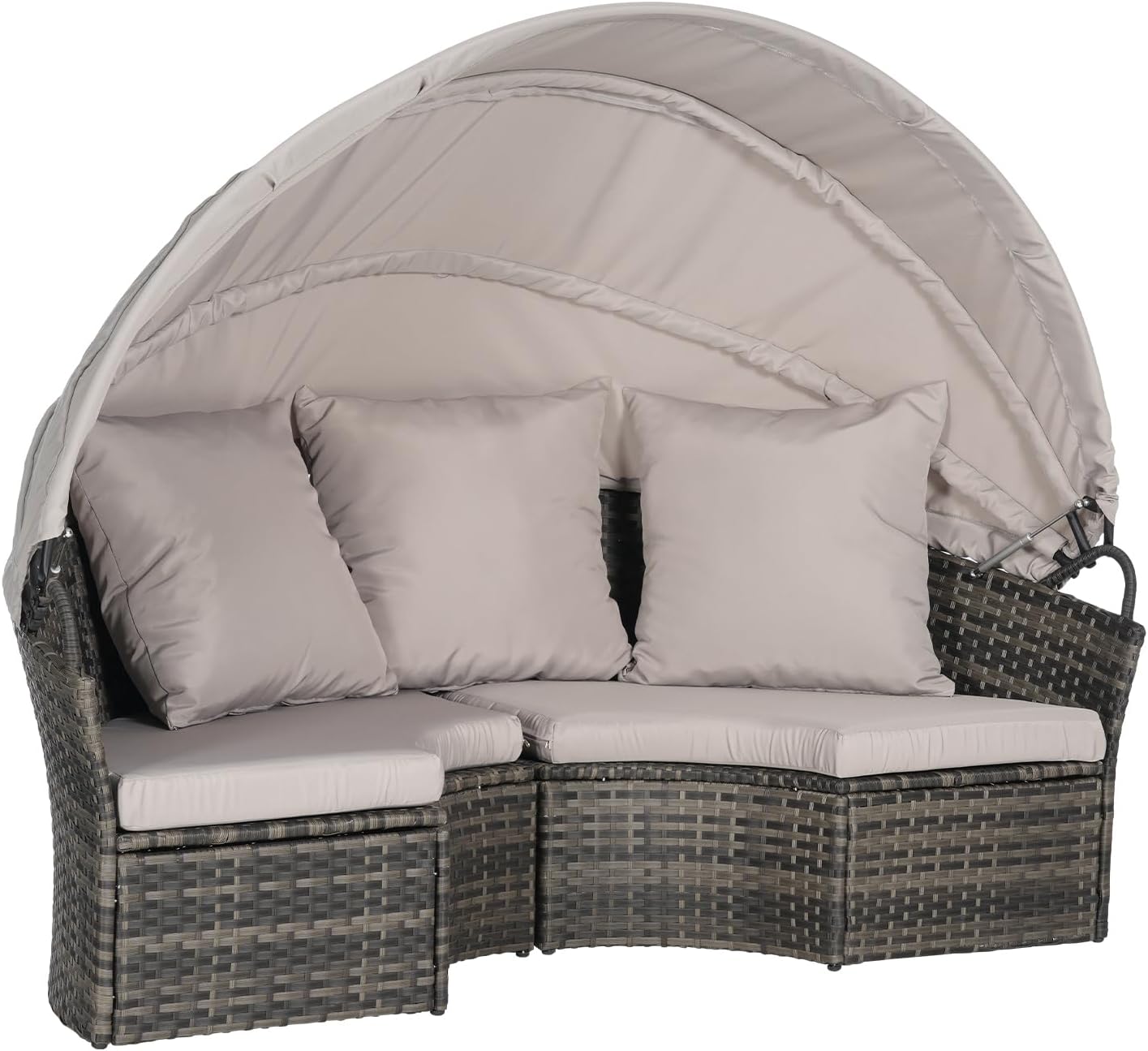 5 Piece Outdoor Round Daybed with Retractable Canopy and Lift Coffee Table, Wicker Furniture Sectional Couch with Washable Cushions Patio PE Rattan Sofa Bed Pool Daybed, Grey