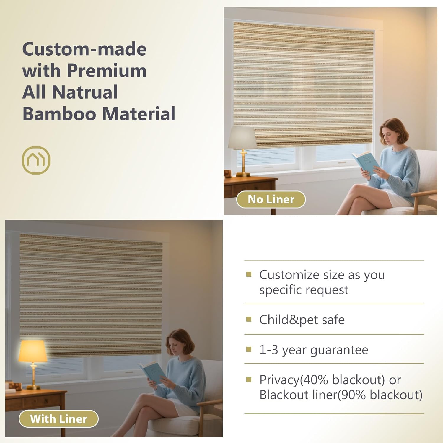 LETAU No Drill No Tools Cordless Window Shades Blinds, Bamboo and Linen Roman Shades, Beige Brown