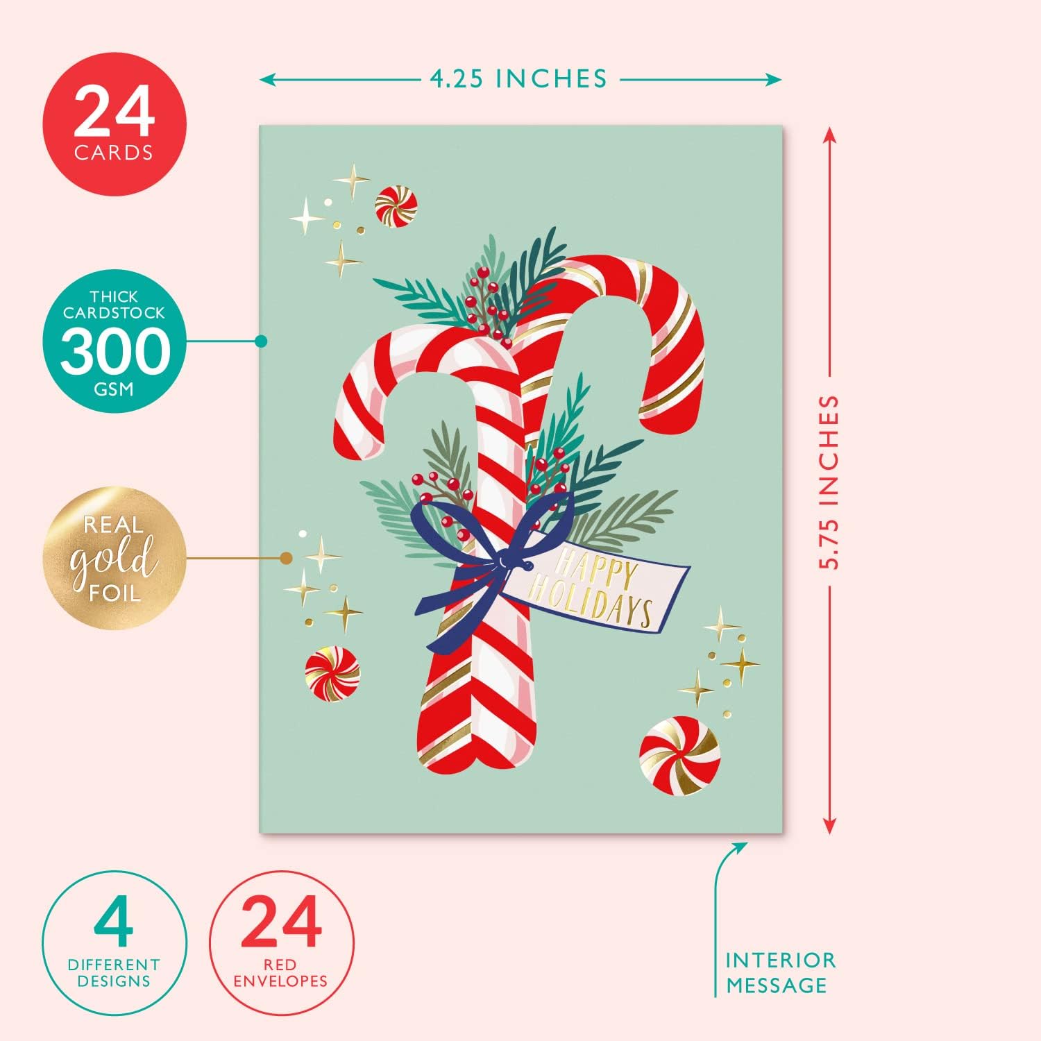Christmas Cards Set, 24 Gold Foil Holiday Cards with Red Envelopes, 6 Assorted Designs Boxed for Easy Storage, 4.25 x 5.75 - Image 3