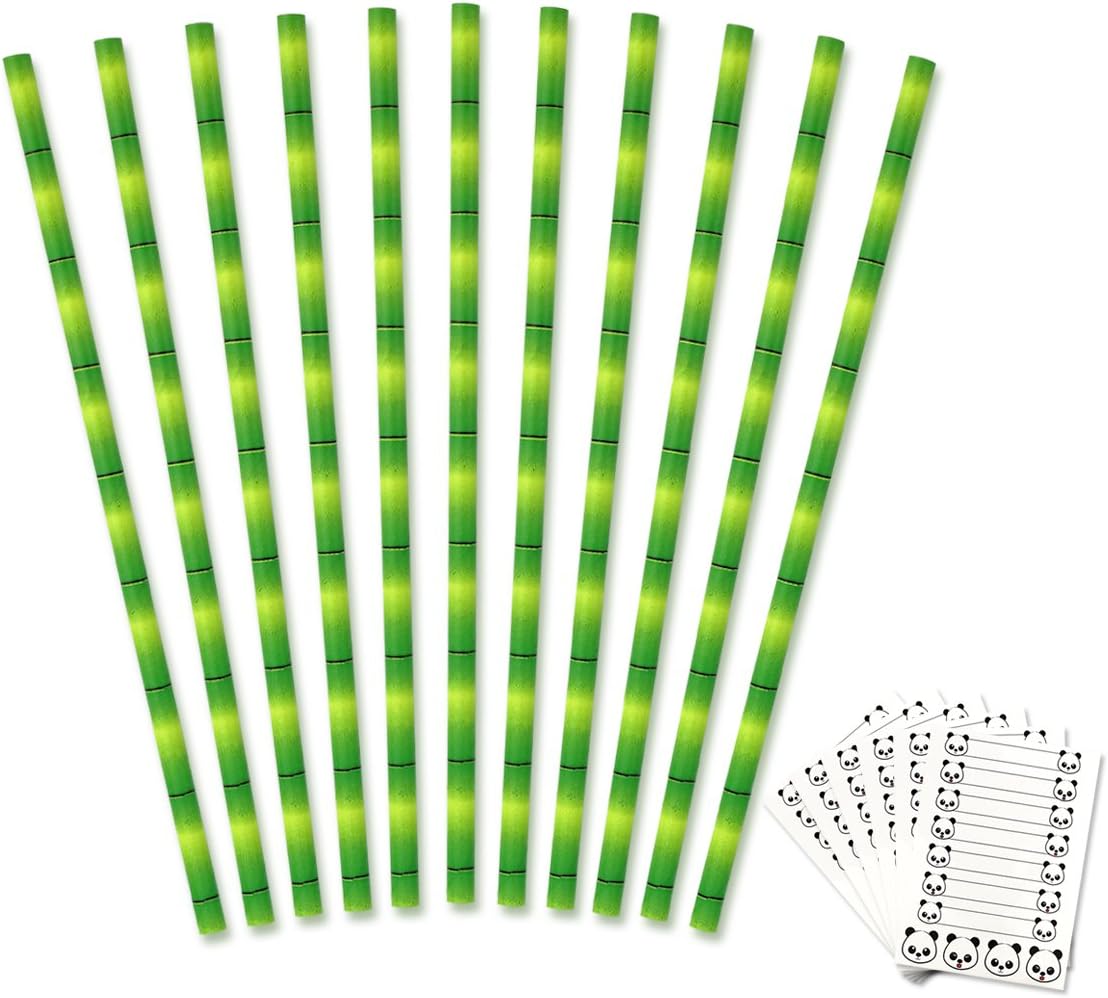 Tomnk 150pcs Paper Straws Bamboo Print, Biodegradable Drinking Straws with 66pcs Panda Stickers for Juices, Party Supplies Decorations