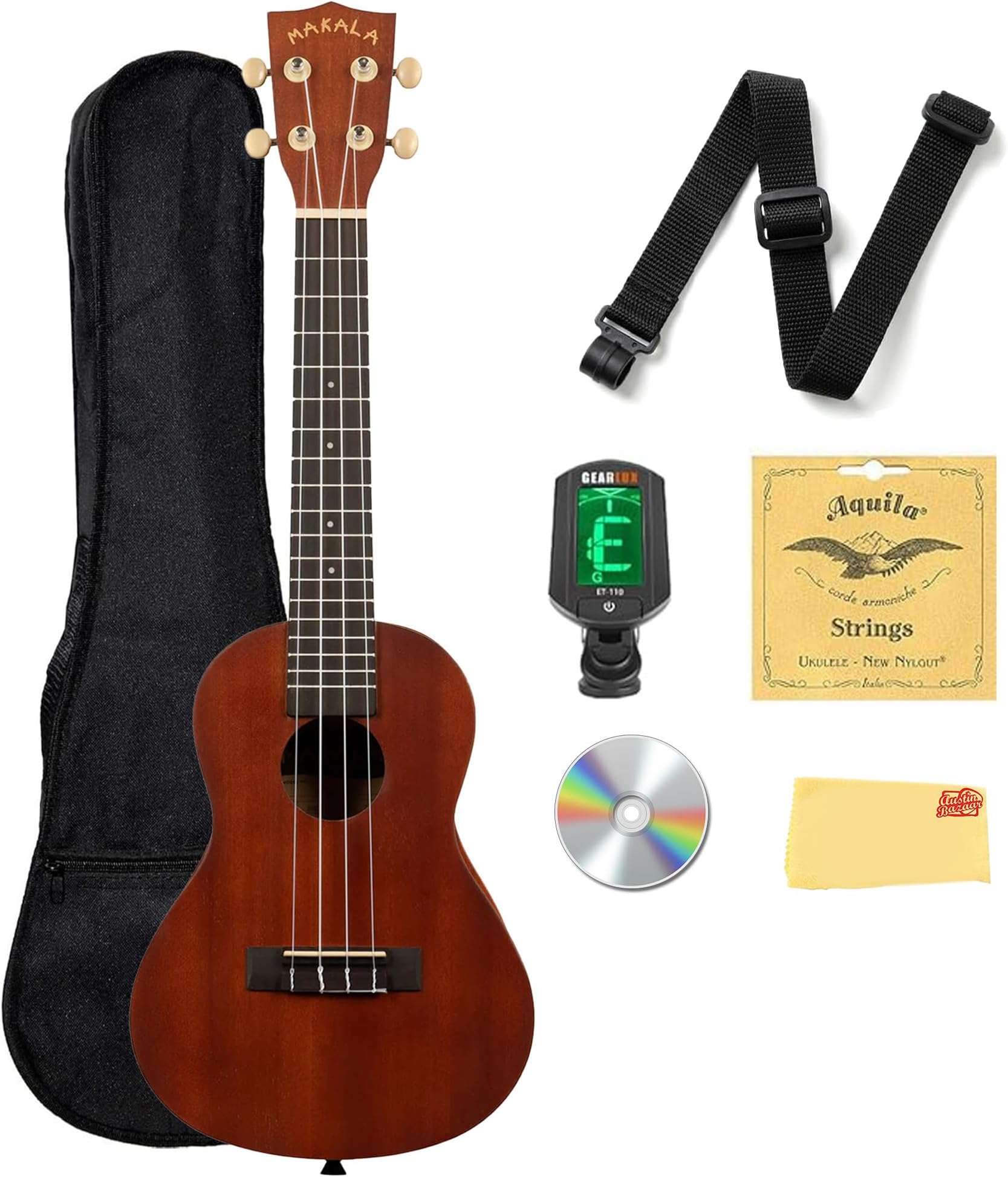 Kala MK-C Makala Concert Ukulele Bundle with Gig Bag, Tuner, Strap, Aquila Strings, Online Lessons, Austin Bazaar Instructional DVD, and Polishing Cloth