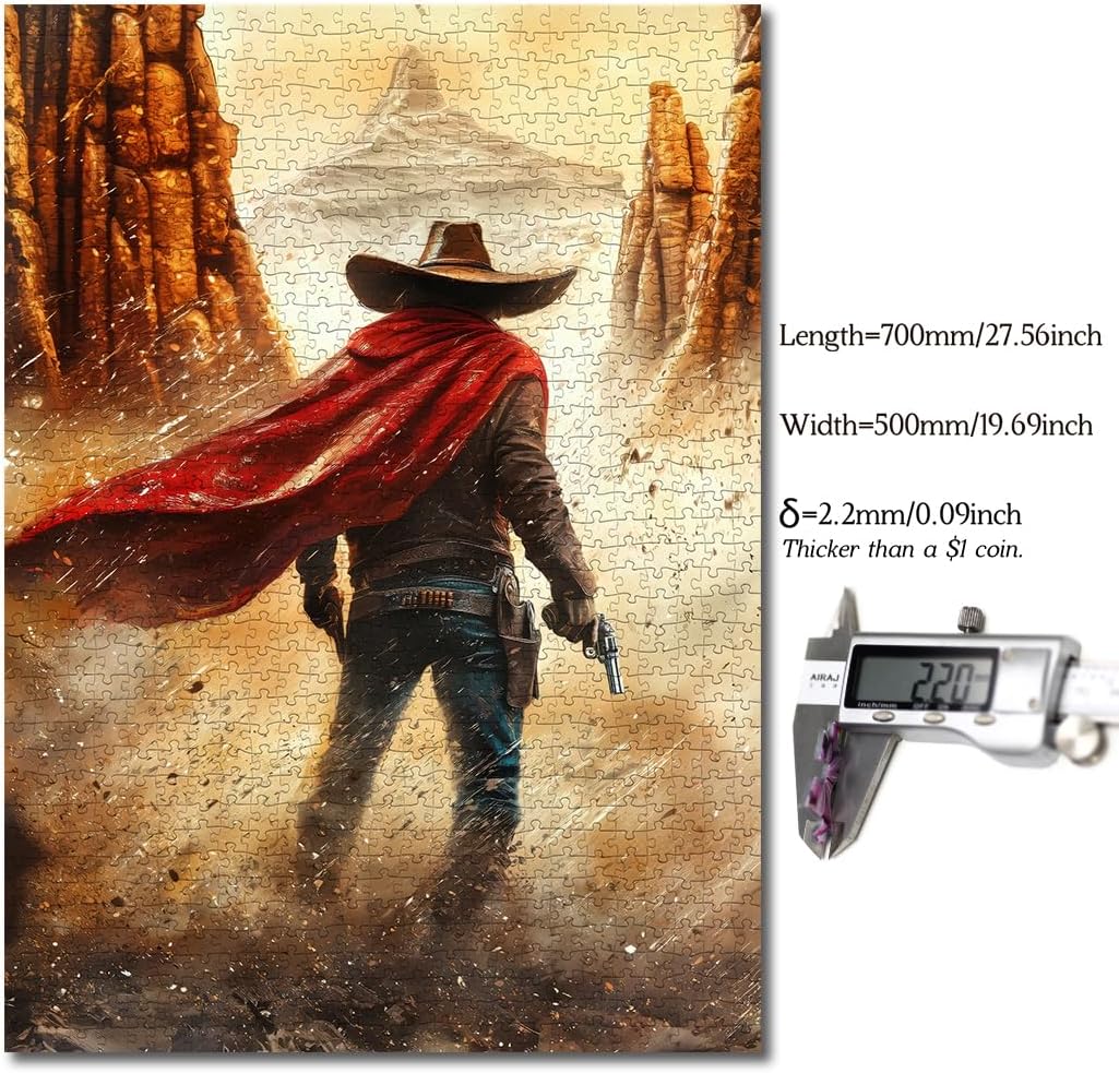Bgraamiens Crimson Frontier 1000 Piece Jigsaw Puzzle – Western Lone Cowboy in Desert Storm – Dramatic Landscape Puzzle for Adults – Wild West Art Gift Idea