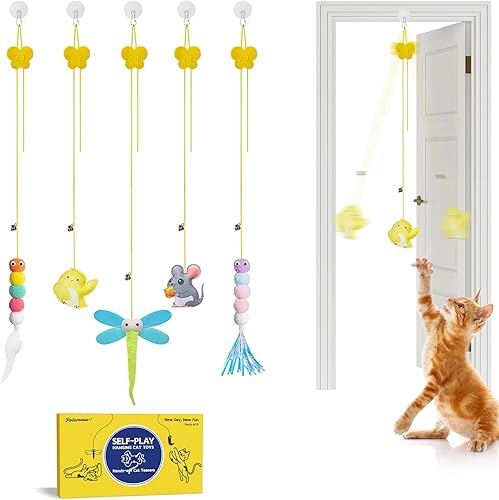Potaroma Juguetes interactivos de plumas para gatos, 6 piezas, teaser para gatos retráctiles, juguetes colgantes para gatos en interiores, ejercicio