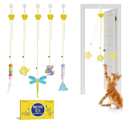 Potaroma Interactive Cat Feather Toys 5 Pcs, Cat Teaser Retractable Hanging Indoor Kitten Play Chase Exercise, Mental Physical Stimulation for All Breeds and Species - Max Extended Length 78 inches