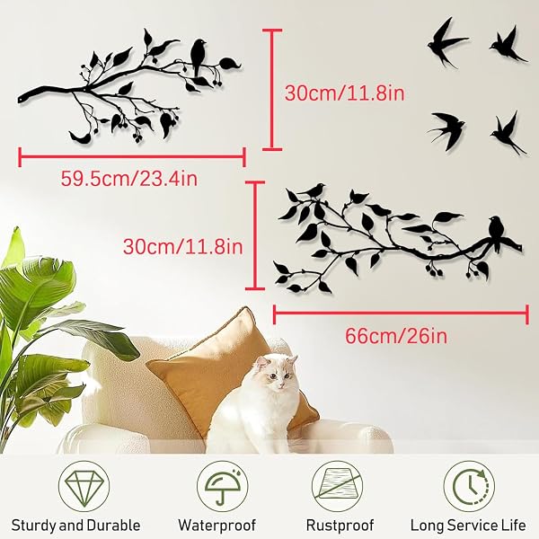Pduoduo Métal Art Décoration Murale,Silhouette d'oiseaux sur branche,Feuilles noires avec oiseau,Sculpture murale d'extérieur en métal pour maison, balcon, jardin - 2