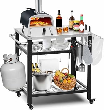 M METERXITY Stainless Steel Pizza Oven Table for Ooni, 650lbs Outdoor Grill Cart with Wheels and Handle, 32"x 24" Three-Shelf Food Prep Cart for Griddle, Movable Outdoor Pizza Cart | Outdoor Grill Cart Table, Outside BBQ Food Prep, 650 lbs, Lockable Wheel, Multifunctional Area for Pizza Ovens Stand, Griddle