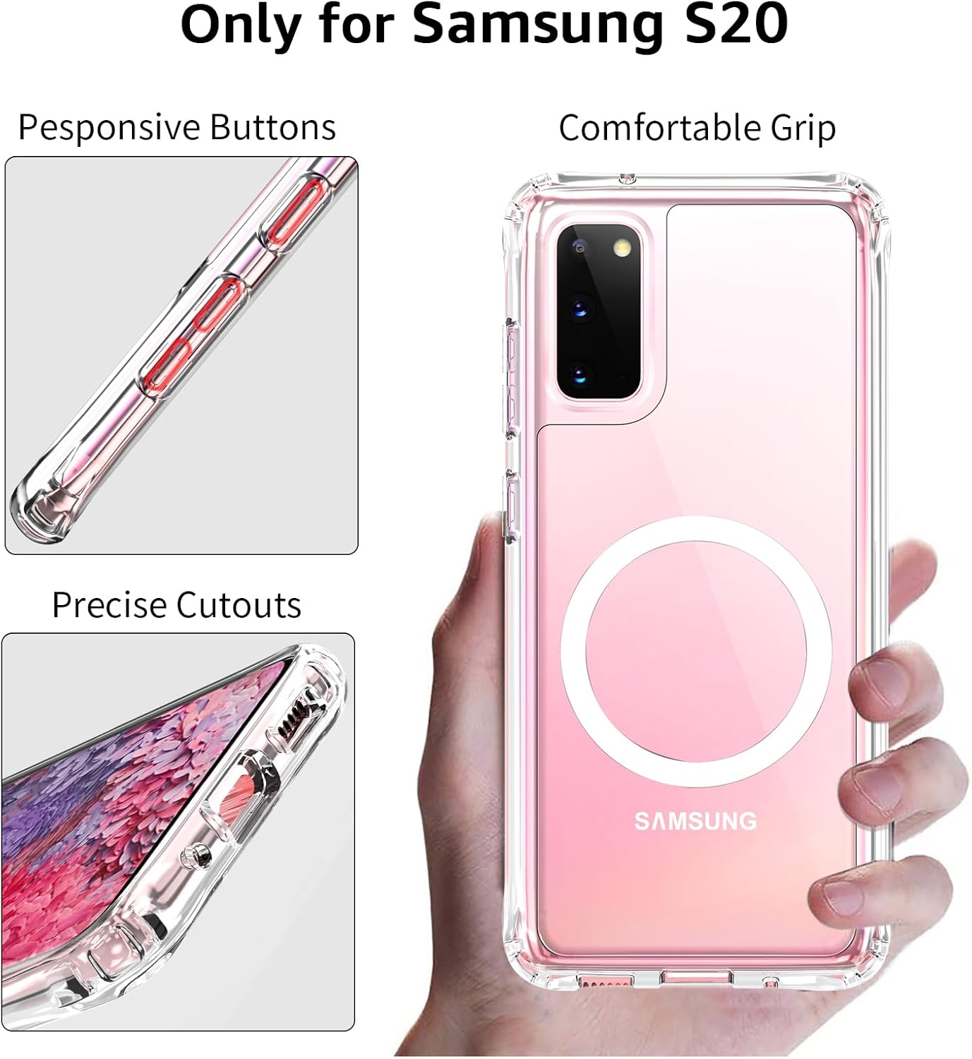 Clear Magnetic Phone Case for Samsung Galaxy S20, 6.2-Inch Compatible with MagSafe Crystal Transparent TPU PC Cover Shockproof Protection Lightweight Non-Yellowing Military-Grade Slim Fit Airbag - Image 7