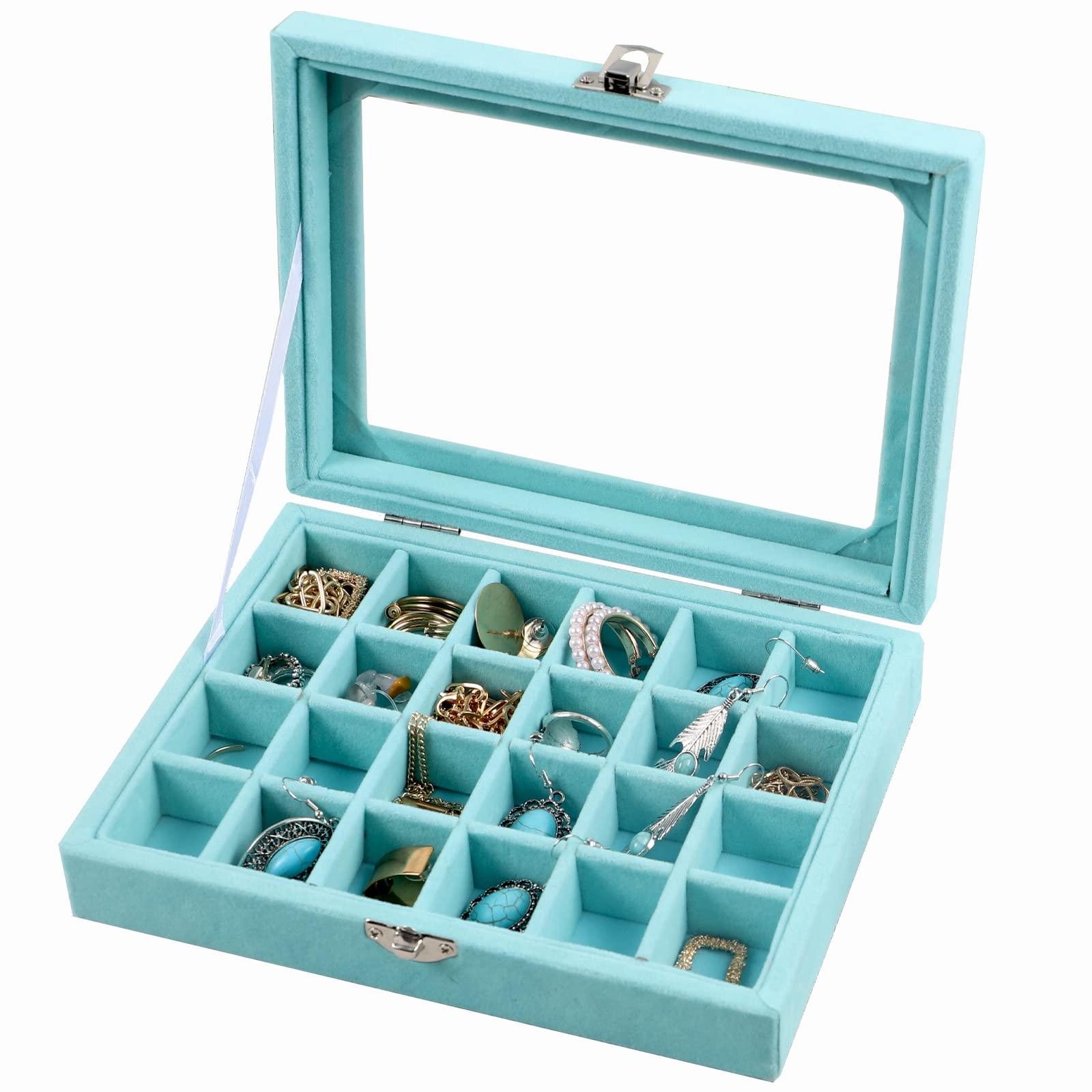 Stylifing Clear Lid 24 Grid Jewelry Organizer Box Velvet Stackable Earring Display Tray Lockable Ring Organizer Box Gifts for Girls Women (24 Grid Light Blue)