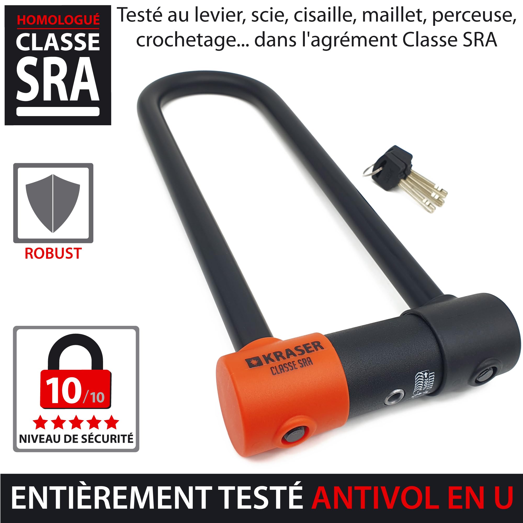 KRASER KR85L Antivol Moto Homologué SRA | Promo Model Plus Robust | U ø18mm Acier Cémenté, Double Verrouillage, 3 Clés Haute Sécurité Anti-crochetage, Recommandé Assurances, Antivol Vélo en U 85x300mm
