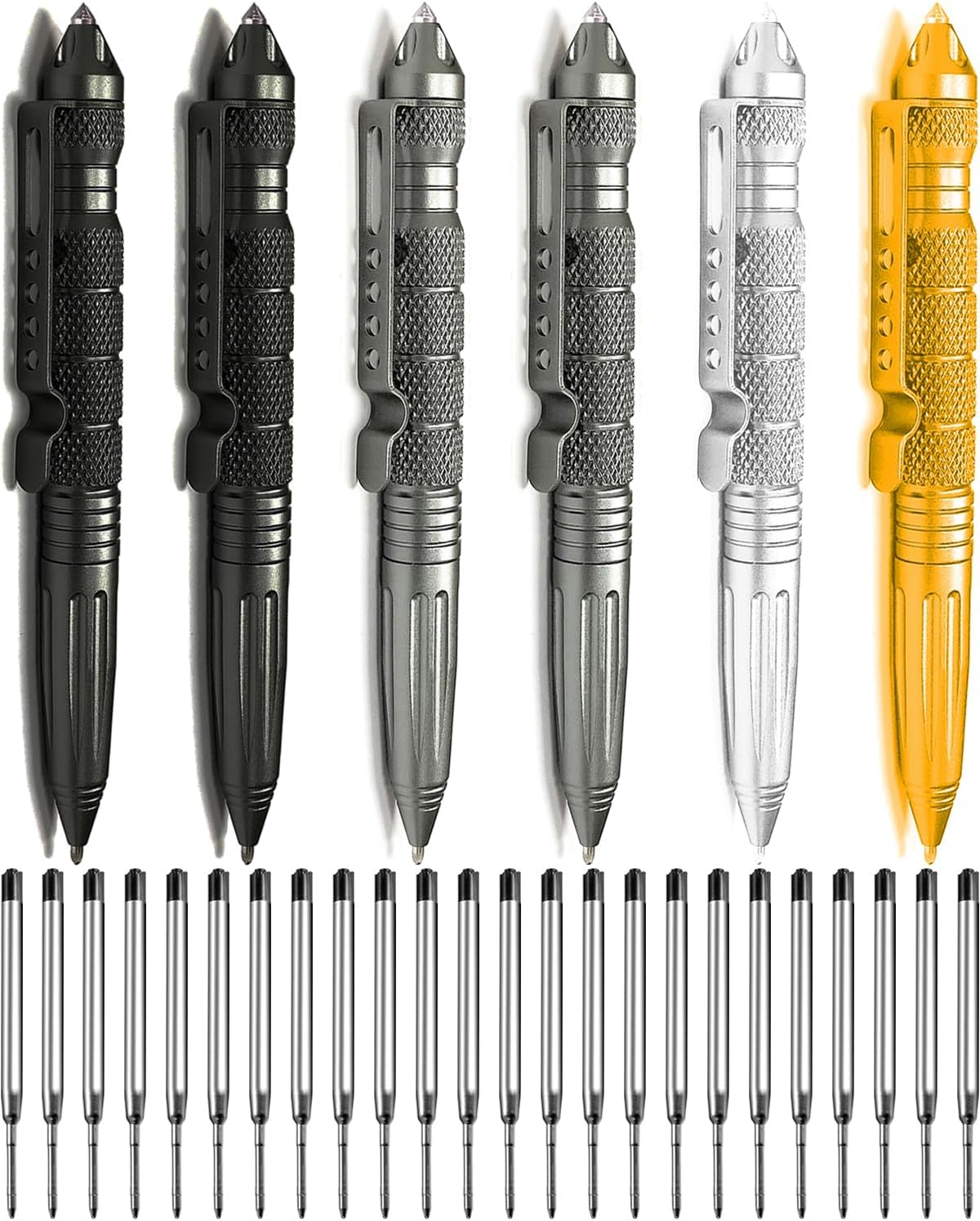 Origin-Pleasure 6 Pack Tungsten Metal Navy Tactical Pen Set, Multifunctional EDC Self Protection Pen With 24 Ballpoint Refills (Black & Grey & Silver & Gold)