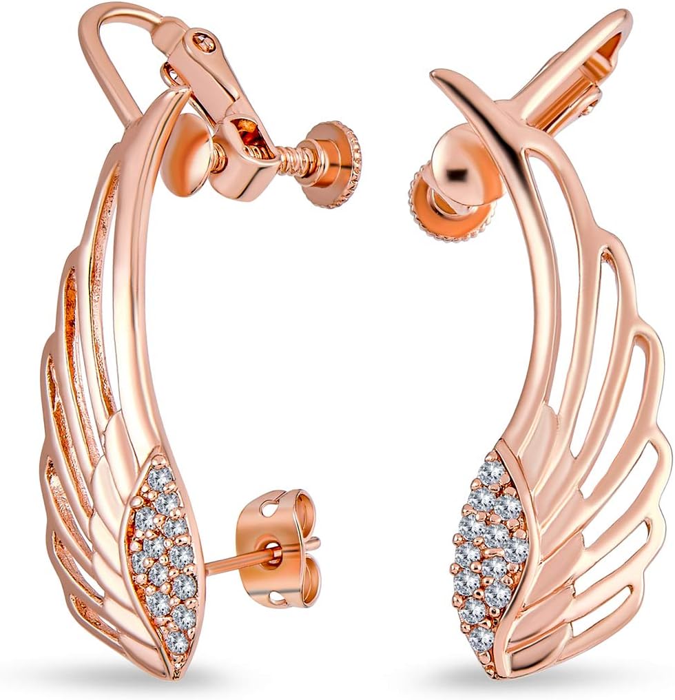 Spiritual Religious Dangle Angel Wing Feather Earrings For Women For Teen Rose Gold Plated .925 Sterling Silver