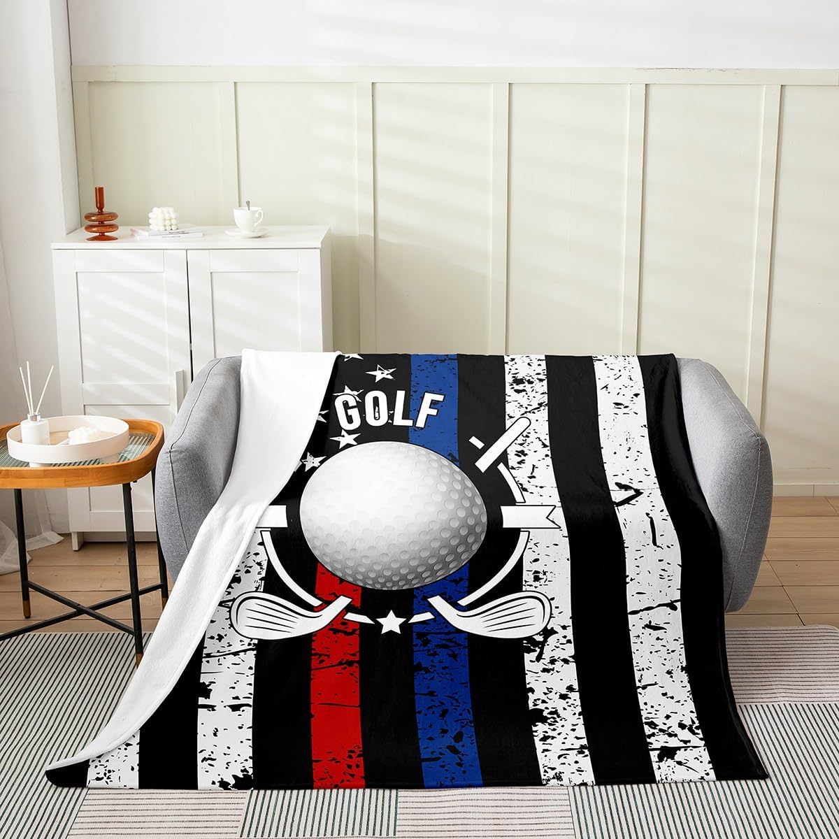 Erosebridal Golf Blanket Queen Inch, Ball Sports Lover Throw Blanket American Flag Fleece Blanket, Sports Games Lightweight Bed Blanket Golf Ball for Kids Boys Teens Men