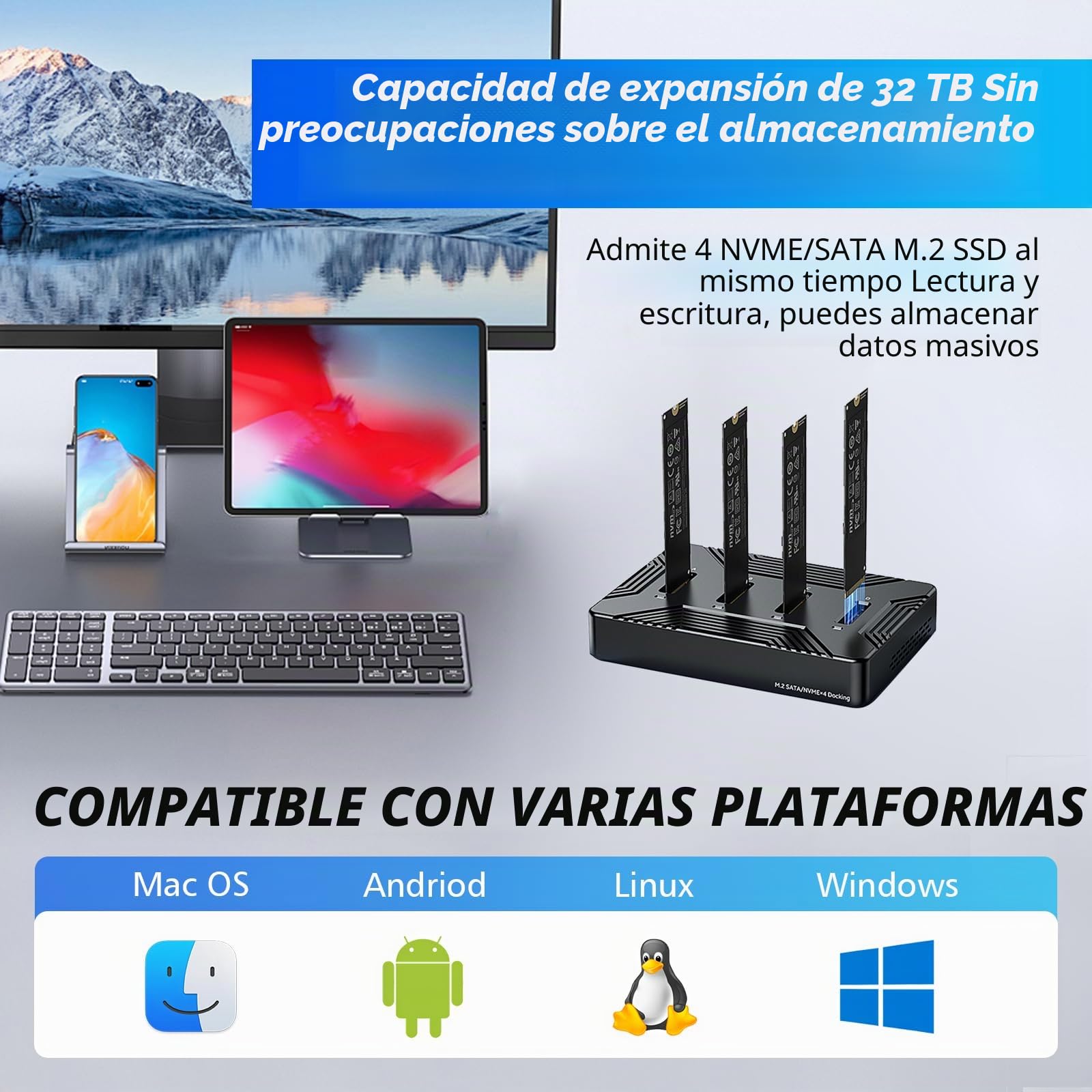 Estación de Acoplamiento M.2 NVME SATA SSD USB 3.2 Gen 2 10Gbps | M-Key B+M Key, 4 Bahías, 2230 2242 2260 2280 SSD, Adaptador de Aluminio