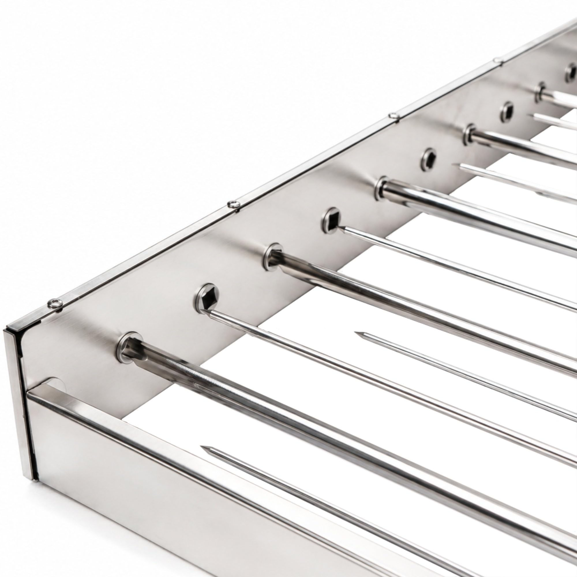 BBQ-Toro Girarrosto elettrico in acciaio inox, con 6 spiedini e motore, misura regolabile (larghezza x profondità) 70 x 26-40 cm, con spina di alimentazione e USB, per barbecue Mangal