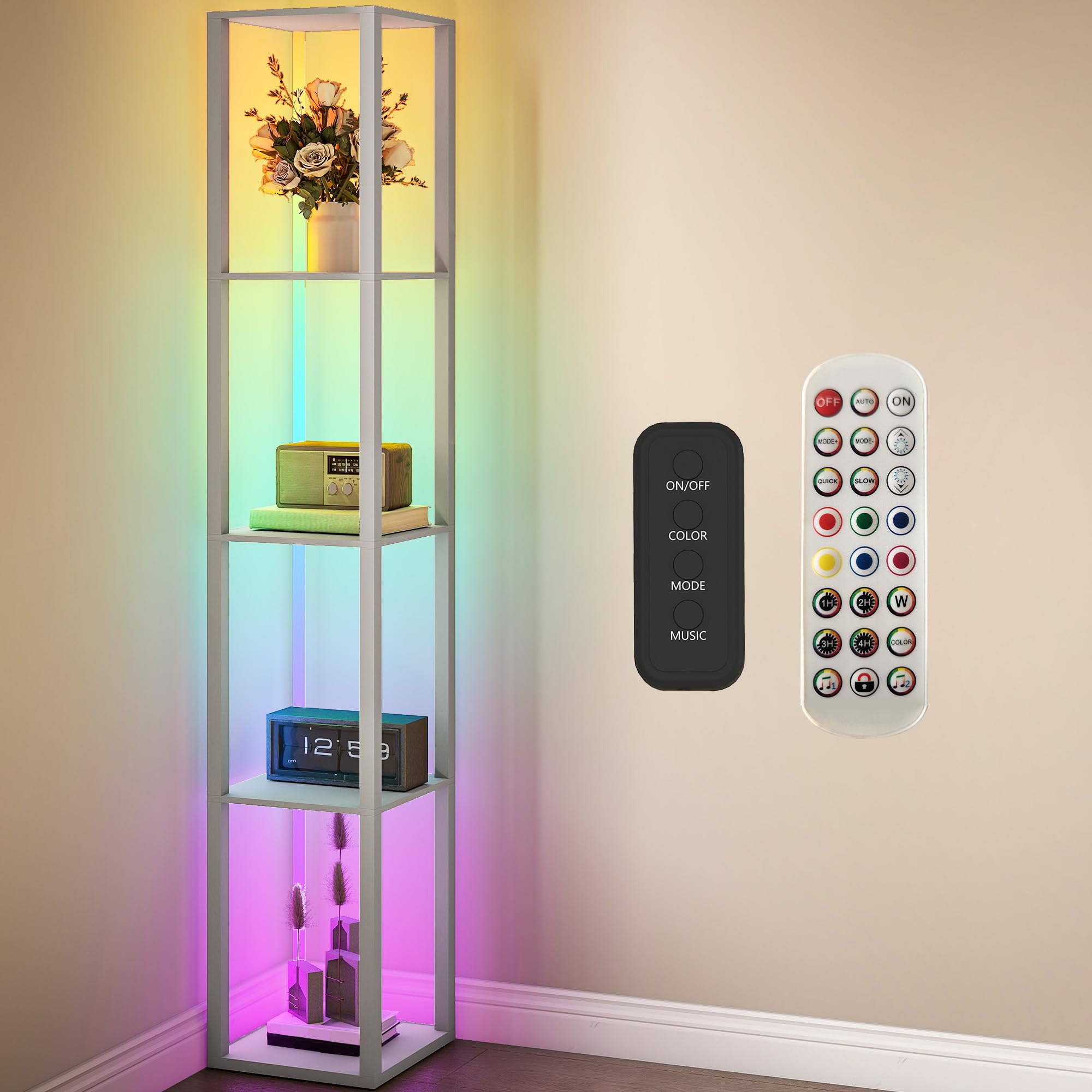 Homcom Grey Rgb Led Floor Lamp With Shelves And Remote Control For Bedroom, Oak