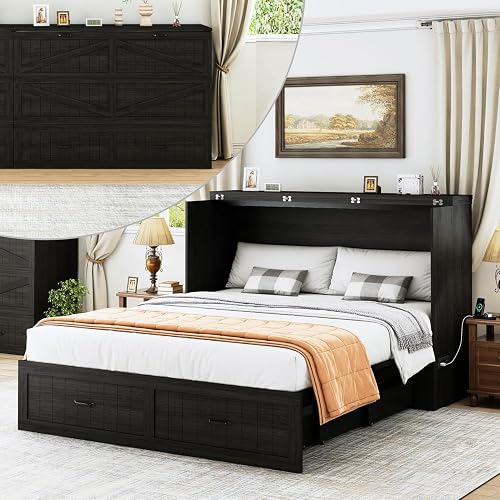 Full Murphy Size Multi-Functional Murphy Cabinet Bed with Charging Station, Farmhouse Queen Size Bed Frame with Drawer, Hidden Folding Murphy Bed Chest for Bedroom, Black