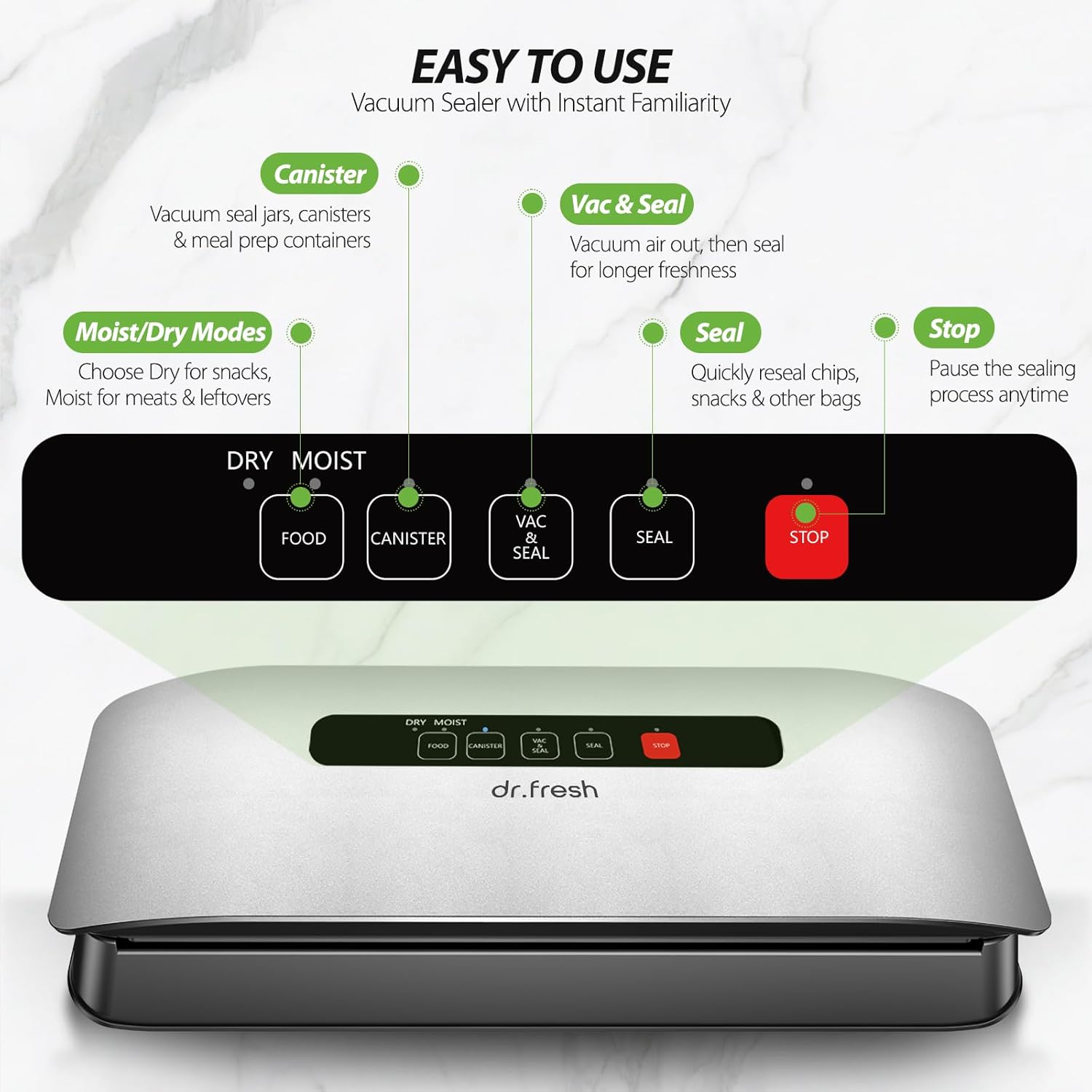 Vacuum Sealer for Food, Food Saver Vacuum Sealer Machine with Moist/Dry Modes, Built-in Cutter, External Hose, Airtight Food Storage & Sous Vide, Includes 1 Bag Roll & 10 Pre-cut Bags