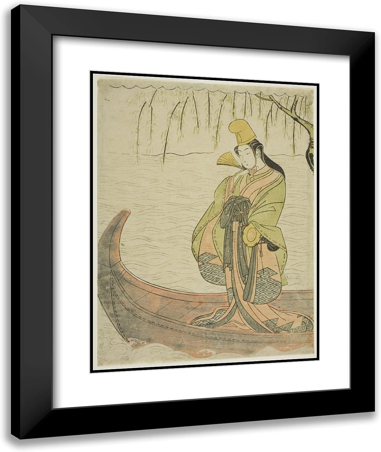 ArtDirect Suzuki Harunobu 20x24 Black Modern Framed and Double Matted Art Print Titled Shirabyoshi Dancer Standing in Asazuma Boat