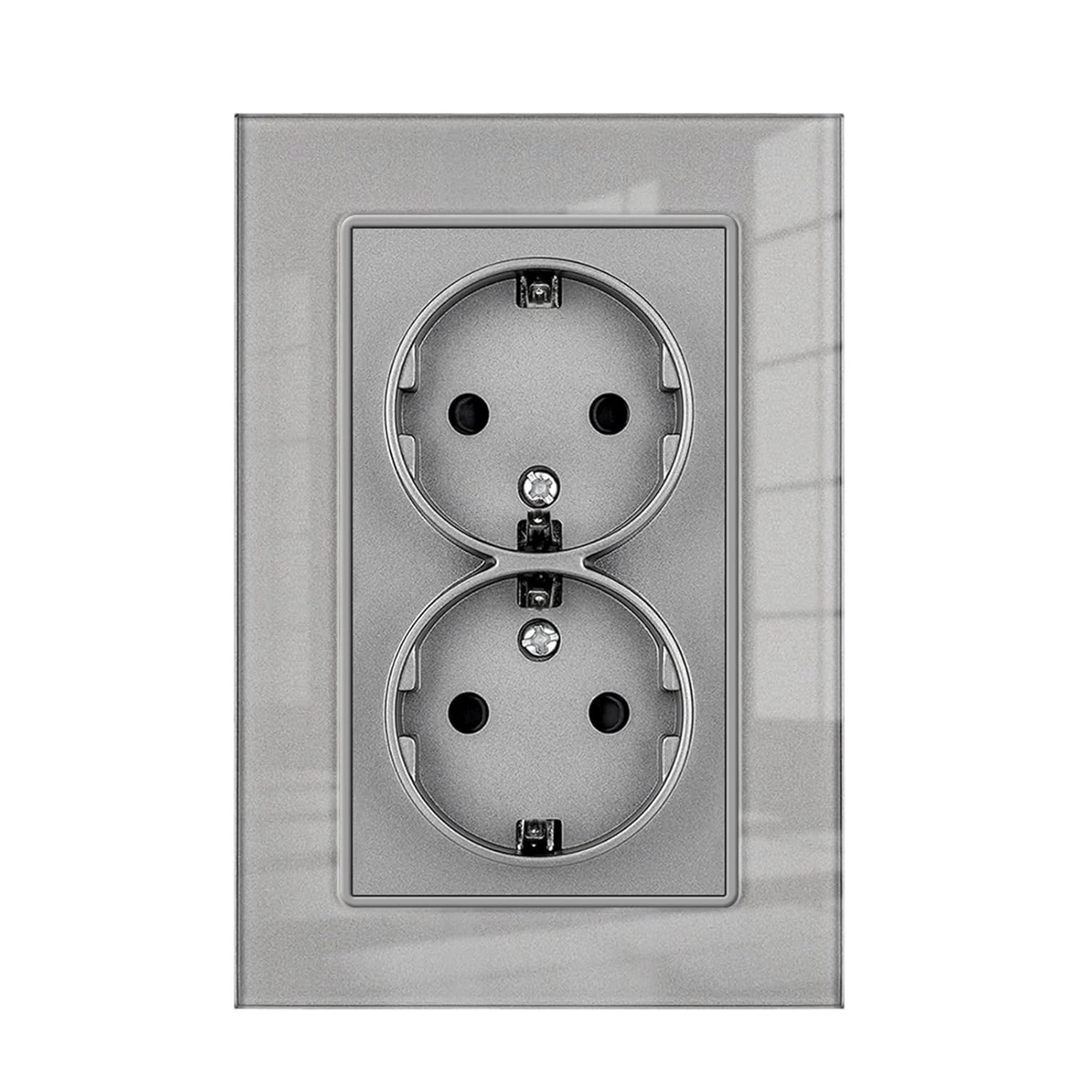 2 Frame Power Socket,16A 250V Crystal Tempered Glass Panel 122 * 82mm with Iron Plate Iron Claws,Wall Socket EU Double Plug(Gray)