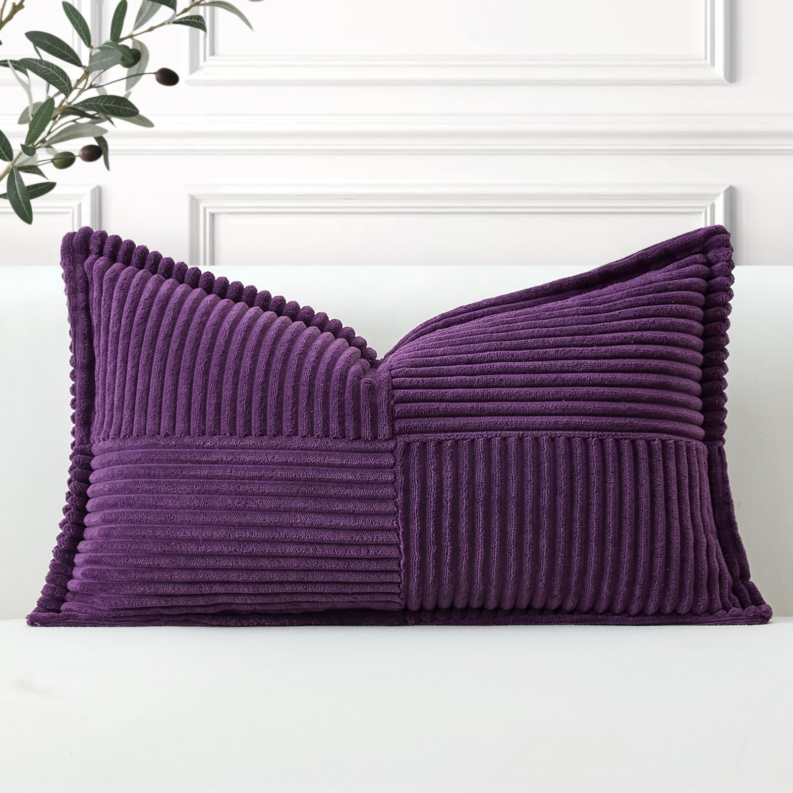 Artscope Striped Corduroy Cushion Covers with Splicing Super Soft Boho Pillow Covers Broadside Decorative Textured Throw Pillows for Couch Sofa Bed Living Room 40x60cm, Purple