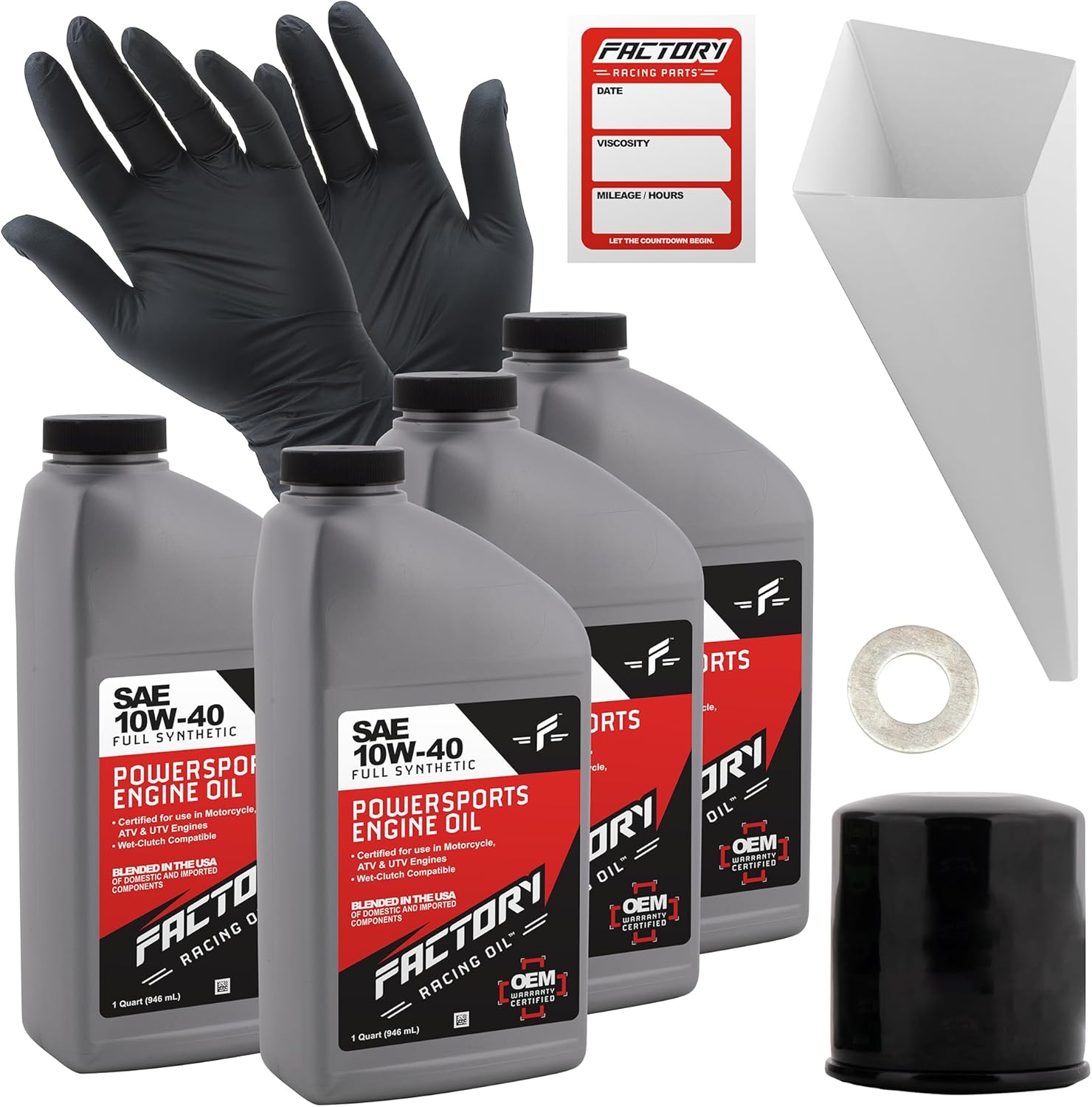 Factory Racing Parts Oil Change Kit compatible with Kawasaki 400 Bayou/Prairie ATVs, 800 900 1000 1500 Vulcan, 1000 600 636 Ninja Motorcycles – Includes 4 Quarts of 10W-40 Full Synthetic Oil