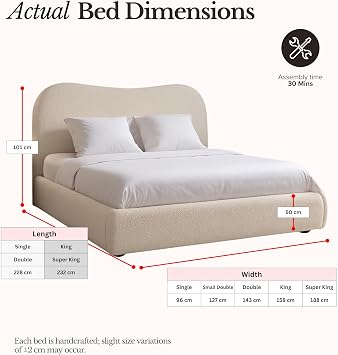 J&S BEDS Double Ottoman Bed Teddy Boucle 4FT6 Gas Lift Storage, Boucle Ottoman Bed Double 101cm Curved Headboard Double Bed Frame With Storage (Ivory)