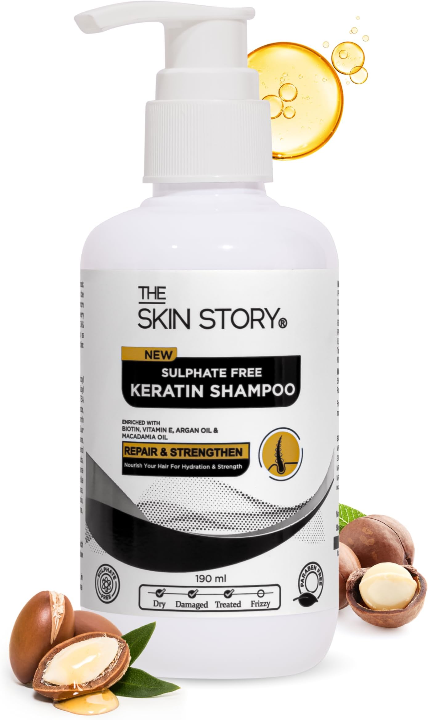 The Skin Story Sulphate Free Keratin Shampoo - Coloured Hair Care | Hair Smoothening Shampoo | Biotin Protein Infused | Enhances Shine, Soft & Frizz-Free Hair | Damage Repair | With Argan Oil, Vitamin E, and Macadamia Oil (190ML)