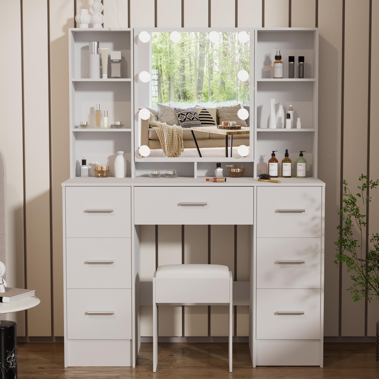 Modern 100cm Dressing Table, Large Makeup Vanity Desk with Mirror and Lights, 7 Drawers and 4 Storage Shelves, White Makeup Desk for Bedroom Women and Girls, Stool