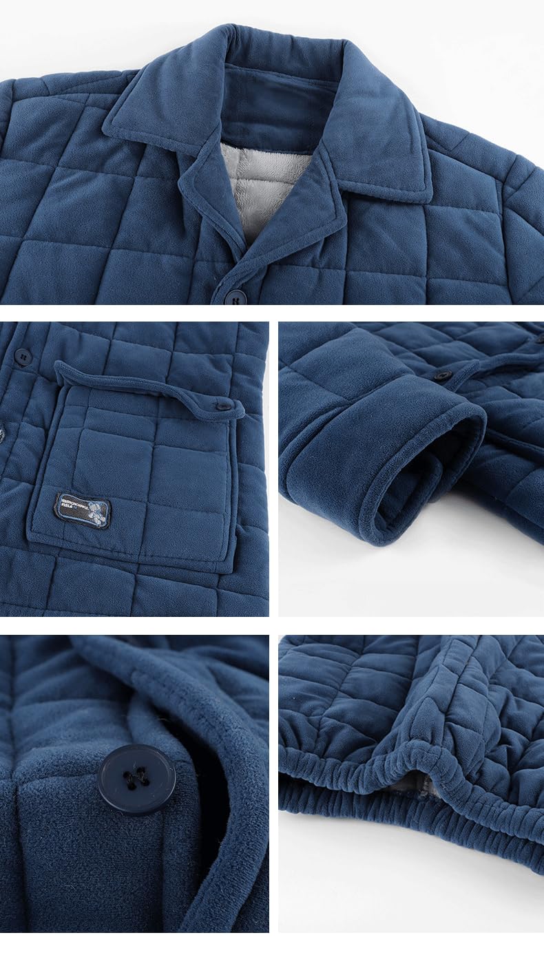LVTFCO Pijama de la Solapa de los Hombres de otoño e Invierno Engrosada Bebe Terciopelo de Manga Larga Homewear Pantalones Calientes de Gran Bolsillo