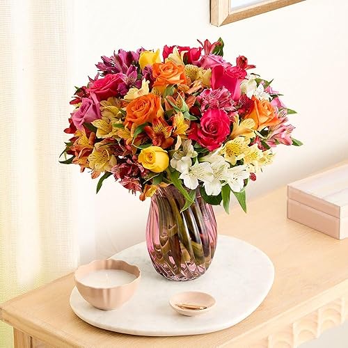 Miniatura 4 de 1800 flores  Ramo doble de rosas brillantes y lirios peruanos surtidos (florero rosa incluido)  Flores frescas para entrega  Regalo para cumpleaños,