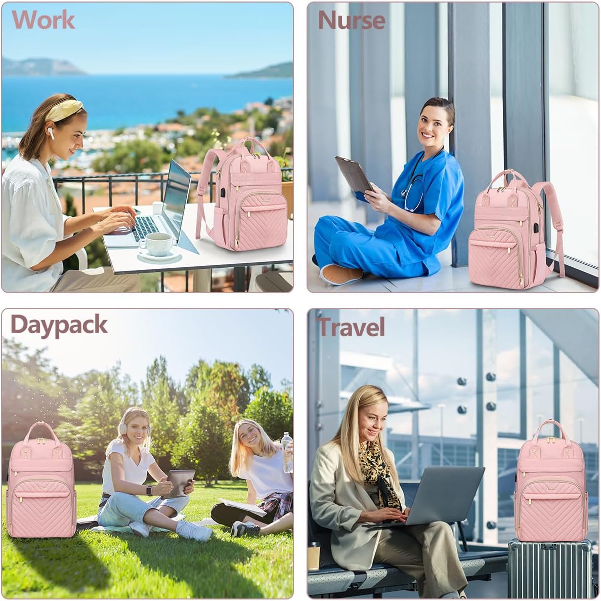 Laptop Backpack for Women Work Bag - 15.6 inch Travel Backpack with USB Charger Business Computer Backpacks for Office College Back pack for Teacher Casual Waterproof Bookbag for Nurses Pink - Image 7