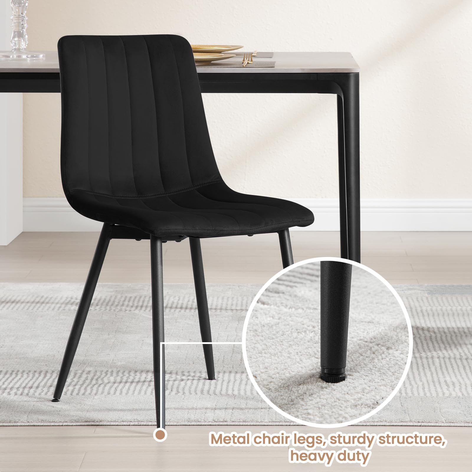 Chaises de Salle à Manger,Velours,Noir | Chaise Rembourrée avec Dossier, Pieds en Métal, sans Accoudoir, pour Salle à Manger, Salon et Chambre