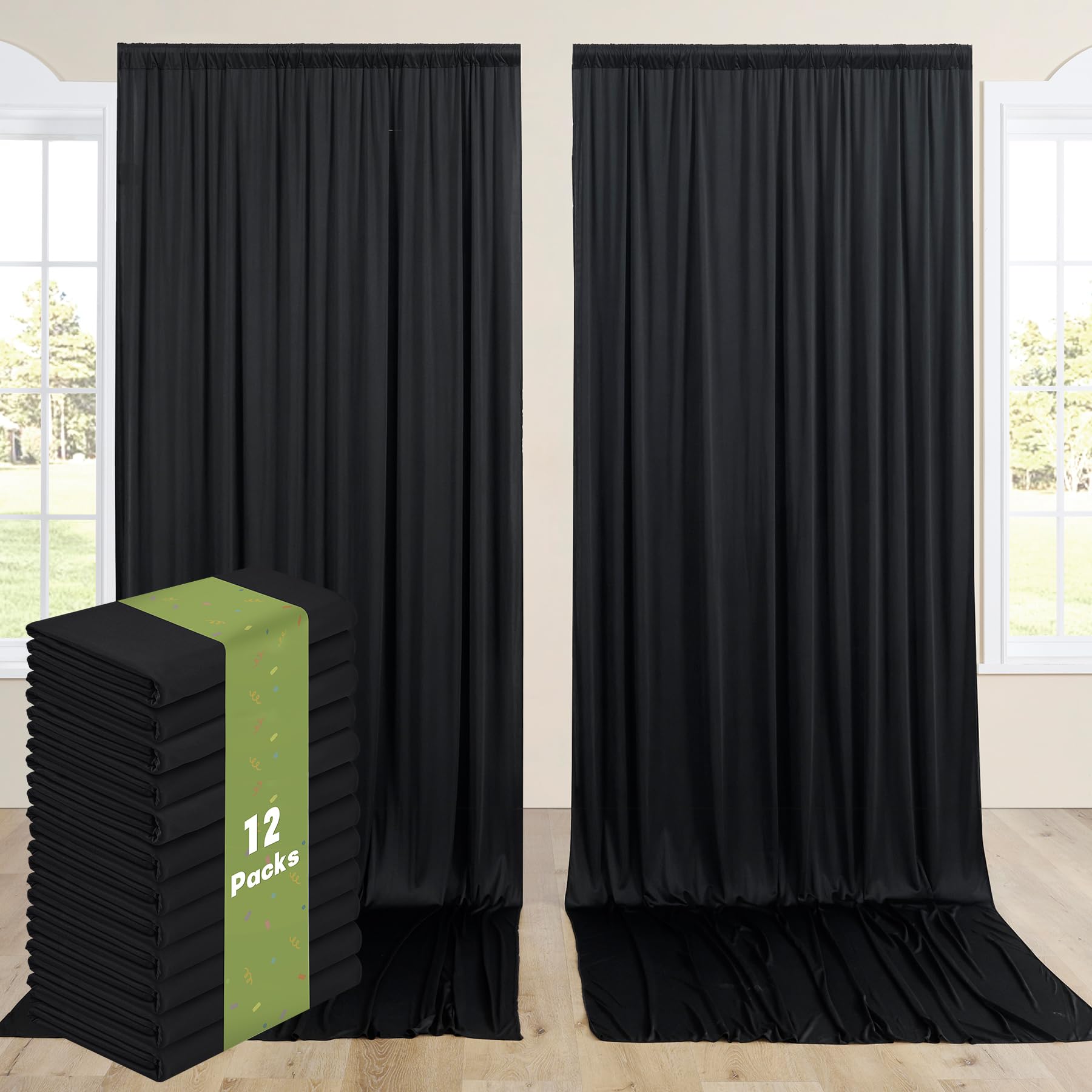 60ftx12ft Wrinkle Free Black Backdrop Curtains for Parties, Silky Polyester 12 Panels 12 ft Long Black Photo Backdrop Drapes Back Drop Cloth for