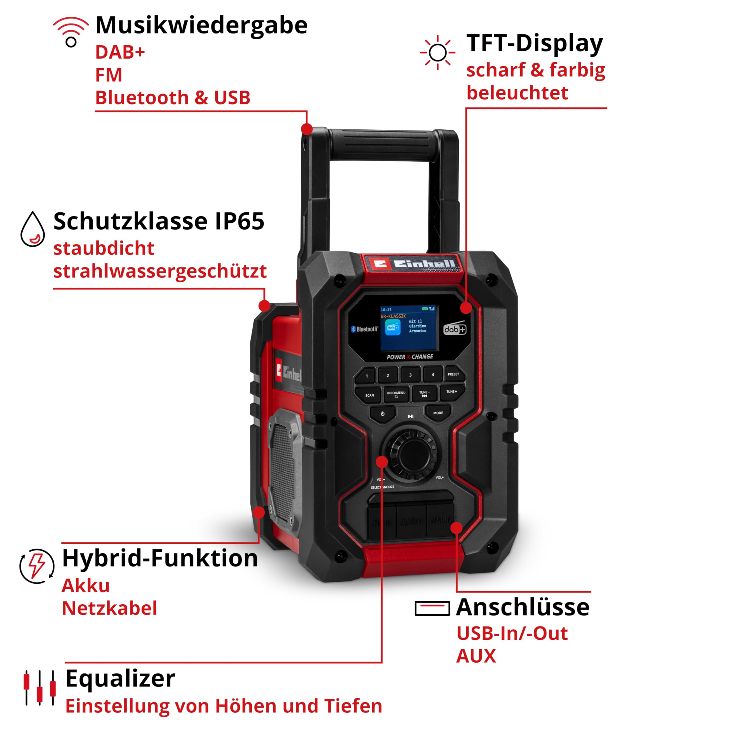 Einhell Akku-Baustellenradio TE-CR 18 Li DAB+/FM/BT - Solo Power X-Change (18 V, DAB+, FM, Bluetooth, AUX, USB, automatische Sendersuche, TFT-Farbdisplay, IP65, ohne Akku)