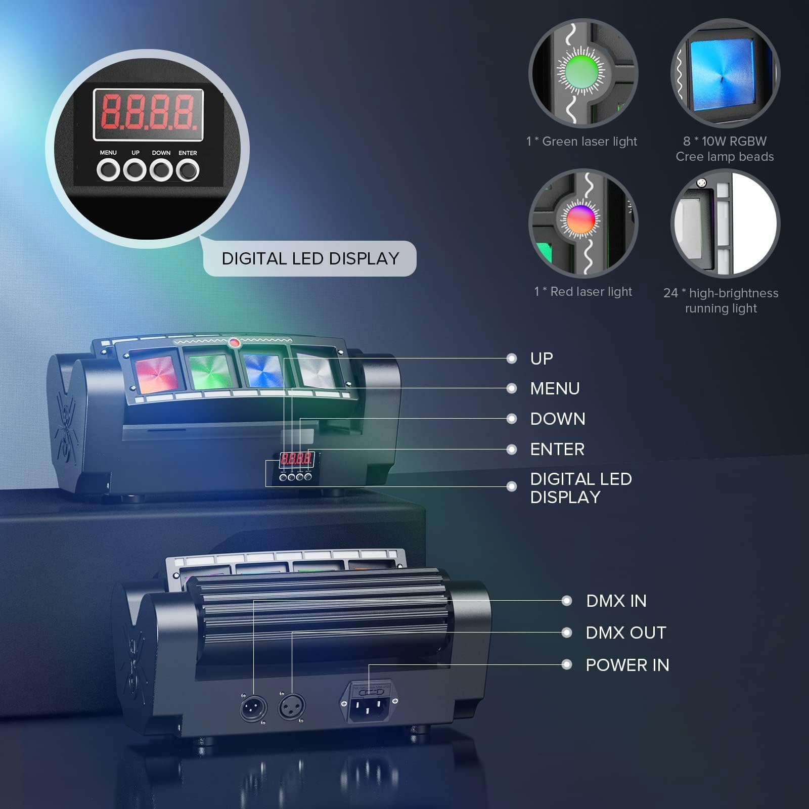 Światła Dyskotekowe Z Ruchomą Głowicą, Oświetlenie Sceniczne Dmx 8 * 3 W Z Efektami Magicznej Wiązki, Tryby Sterowania Aktywacją Dźwiękiem I Dmx512, Światło Stroboskopowe Rgbw Na Imprezy, Koncerty