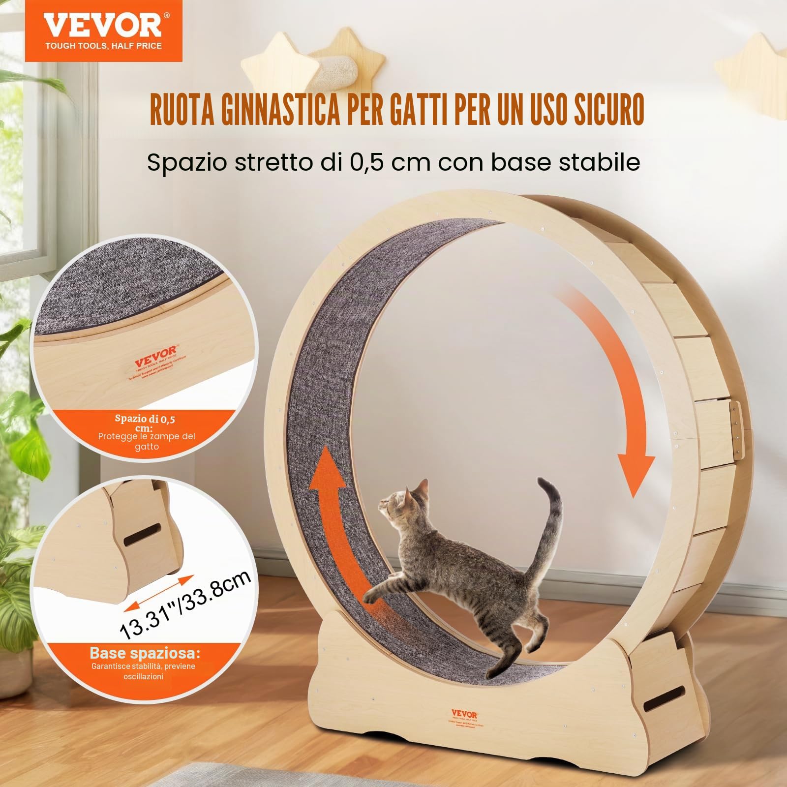 VEVOR Cyclette per gatto in Legno, Tapis Roulant Diametro 1320 mm, Ruota per Esercizi con Tappeto Rimovibile per gatto