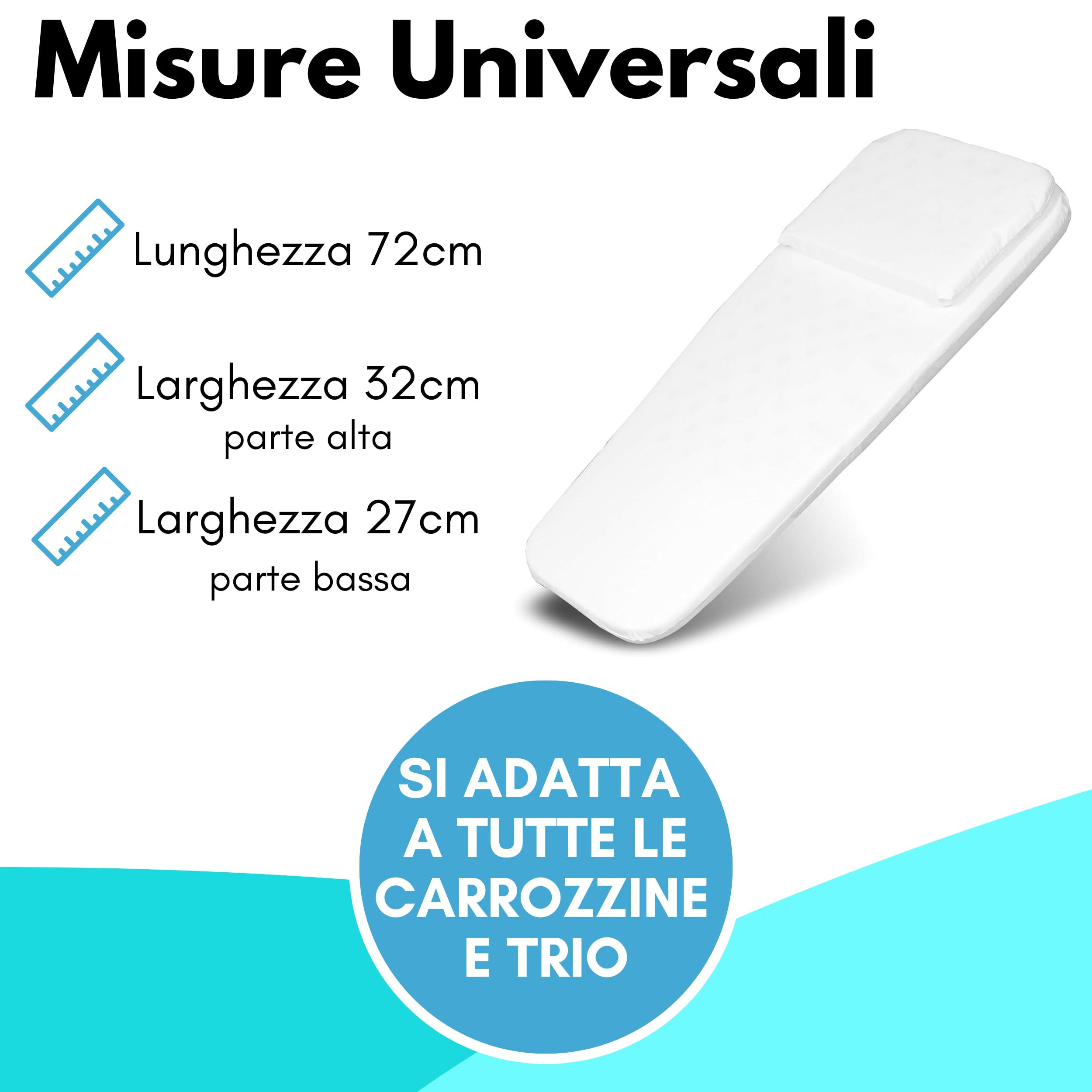 Materasso Carrozzina Made in Italy-Culla Neonato-Lettino Bambino-Passeggino Trio-Cuscino Neonati-Cuscino Compreso- Letto Prima Infanzia- Materassino Universale Antisoffoco 72 x 32/26cm