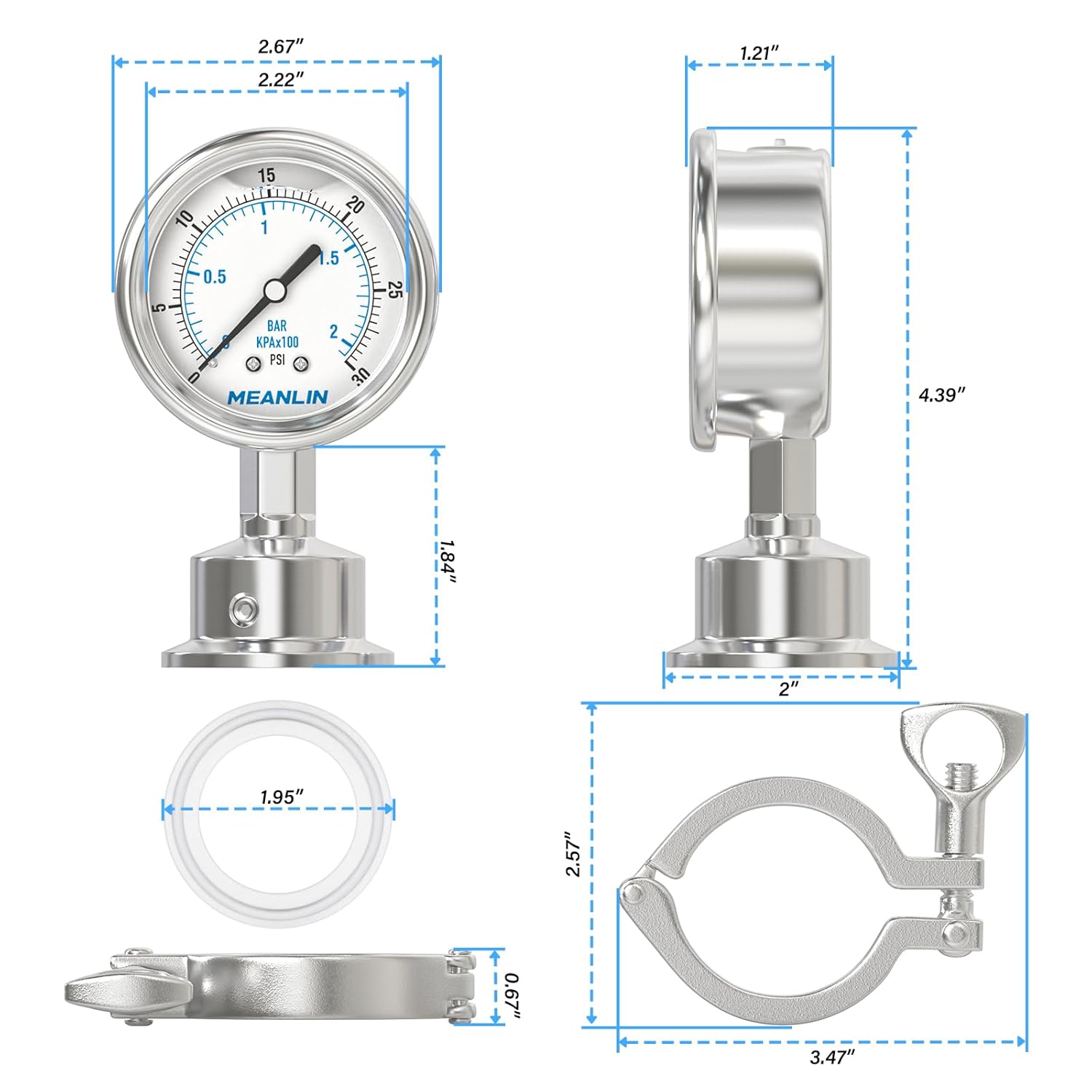 MEANLIN MEASURE 0~30Psi 304 Stainless Steel Sanitary Pressure Gauge, 2.5" Dial Glycerin Filled Pressure Gauge, 1.5" Tri Clamp Bottom Mount for Food, Dairy, and Pharmaceutical Applications