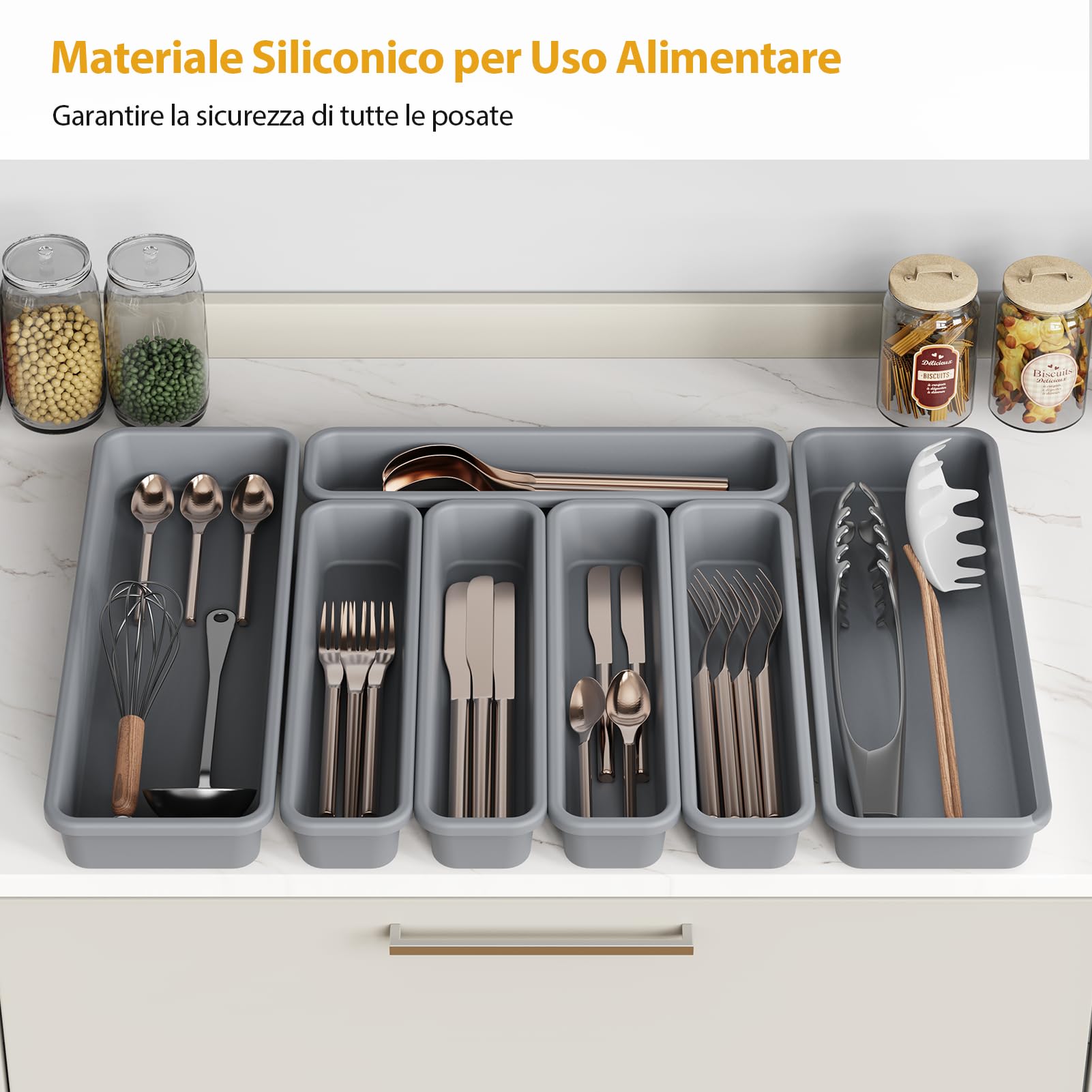 Portaposate da Cassetto, DIY Porta Posate Cucina Cassetto, Silicone Organizer Posate da Cassetto, 7 Pezzi, Resistente all'umidità e al Calore Fino a 200 °C, Antiscivolo (Grigio)