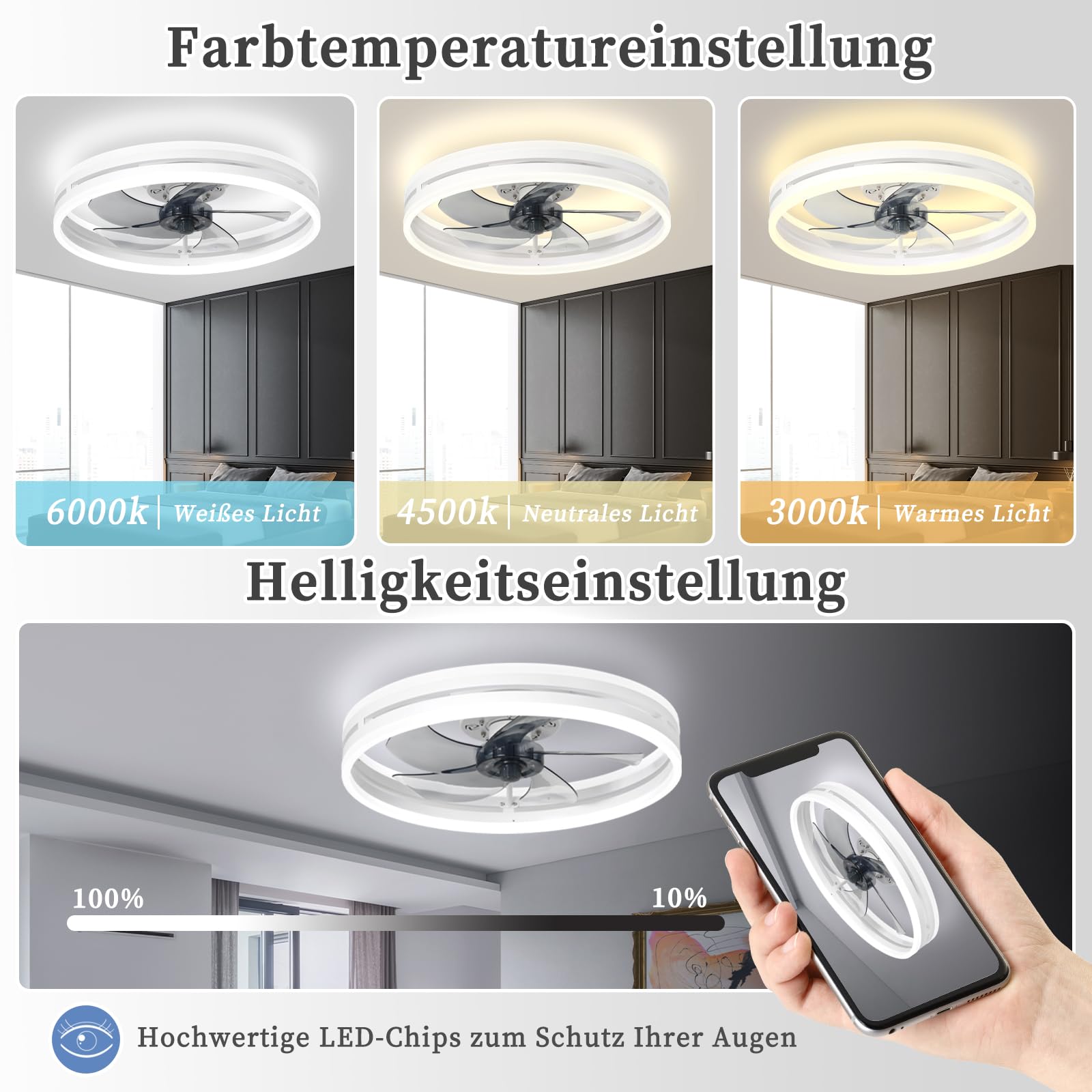 Leise Deckenventilator Mit Beleuchtung 72W Dimmbare Deckenleuchte Mit Fernbedienung Und APP 6 Geschwindigkeiten Lampe Mit Ventilator Timer Deckenventilatoren Schlafzimmer Wohnzimmer Licht (Weiß,50cm)