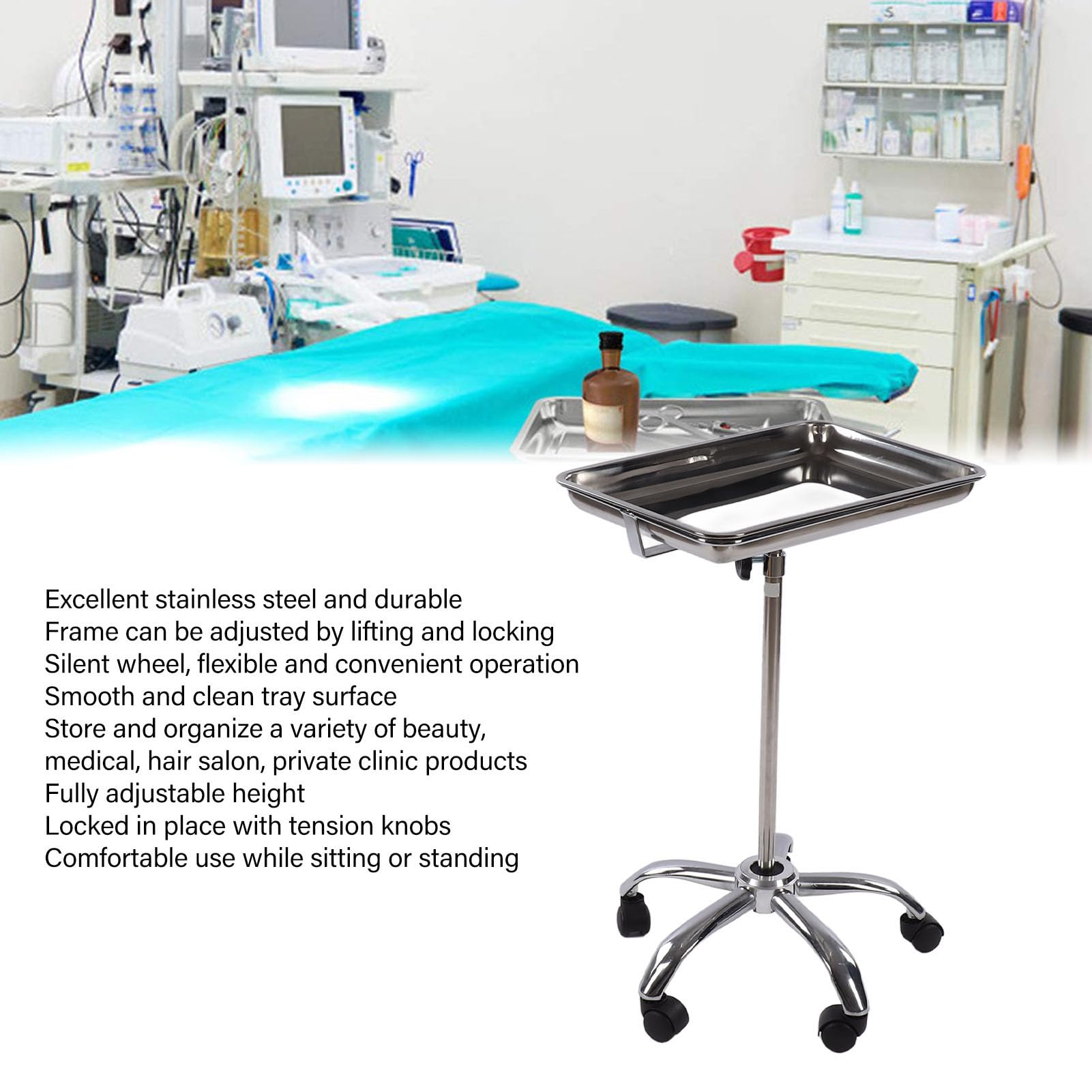Medizinisches Tablett, Salontablett mit Rädern, Höhenverstellbar, Edelstahl, Glatte Oberfläche für Salons, Studios, Geschäfte, Zahnärzte