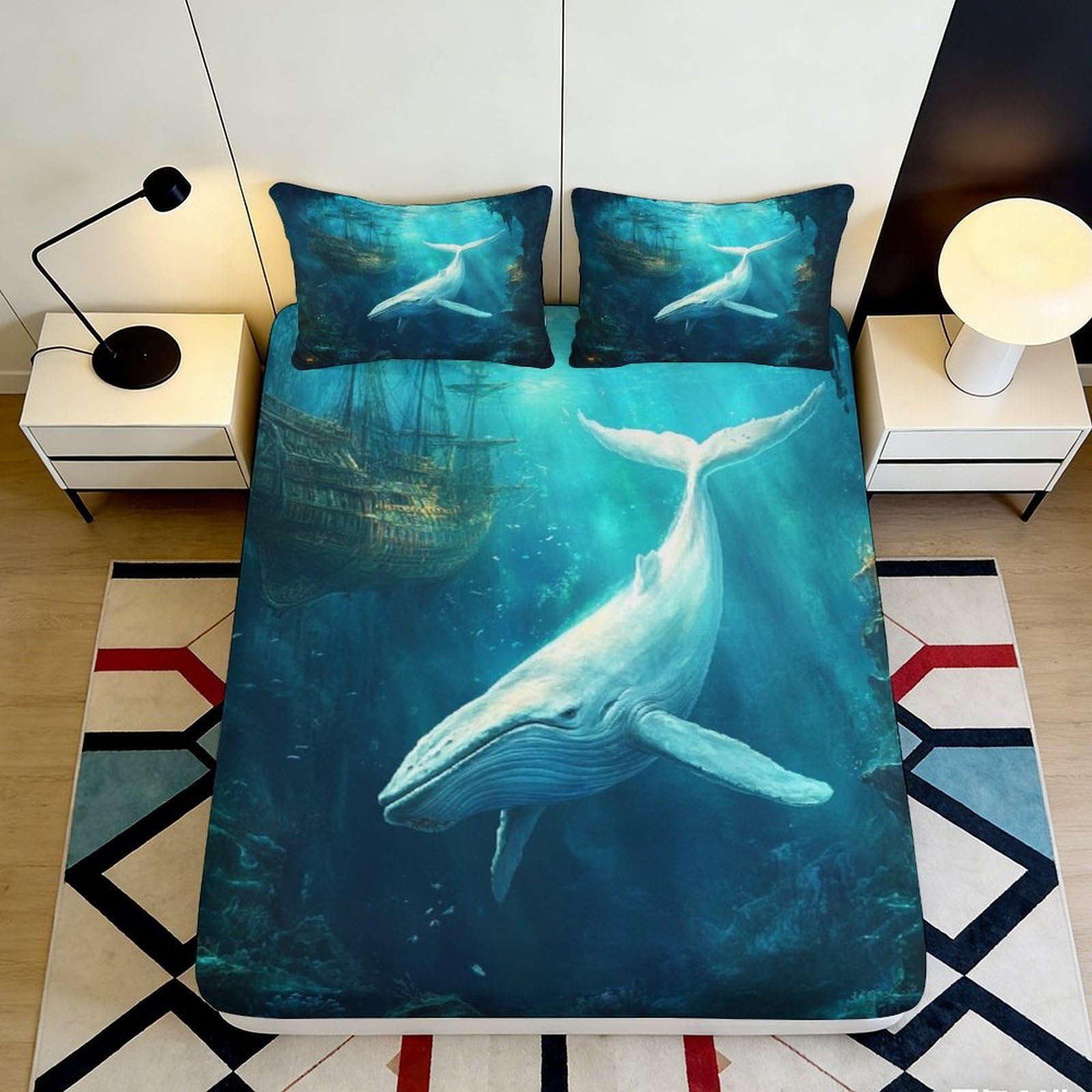 Pnayamiorkfel Style-7 3D Printed Ocean Whale Fitted Sheet Microfiber Soft Decorative Ship Bed Cover For Bedroom Guest Room Protection 90X200x25cm