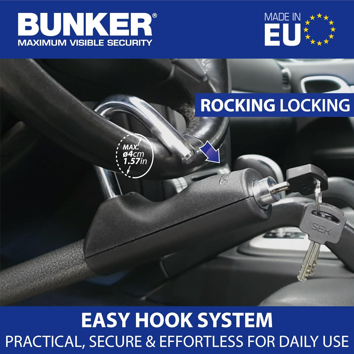 Bunker BT29 lock being engaged on a steering wheel