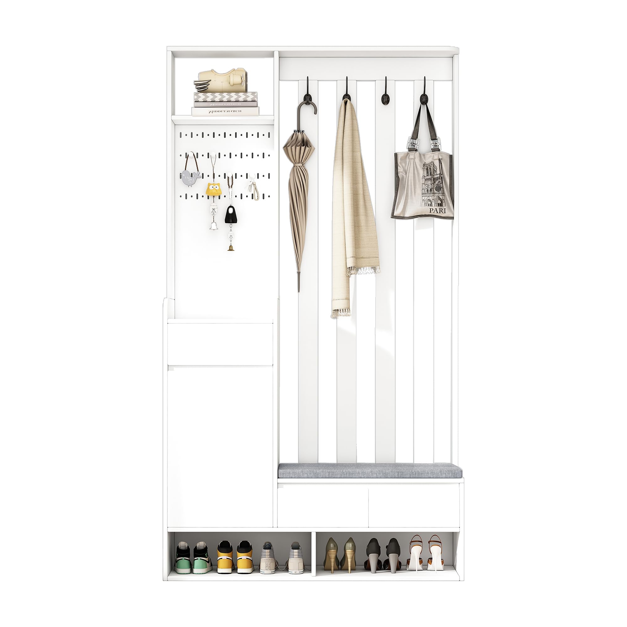 Merax Flurgarderobe Garderobenset mit Sitzbank Schuhschrank Stecktafel 4 Haken 100x180 cm Weiß