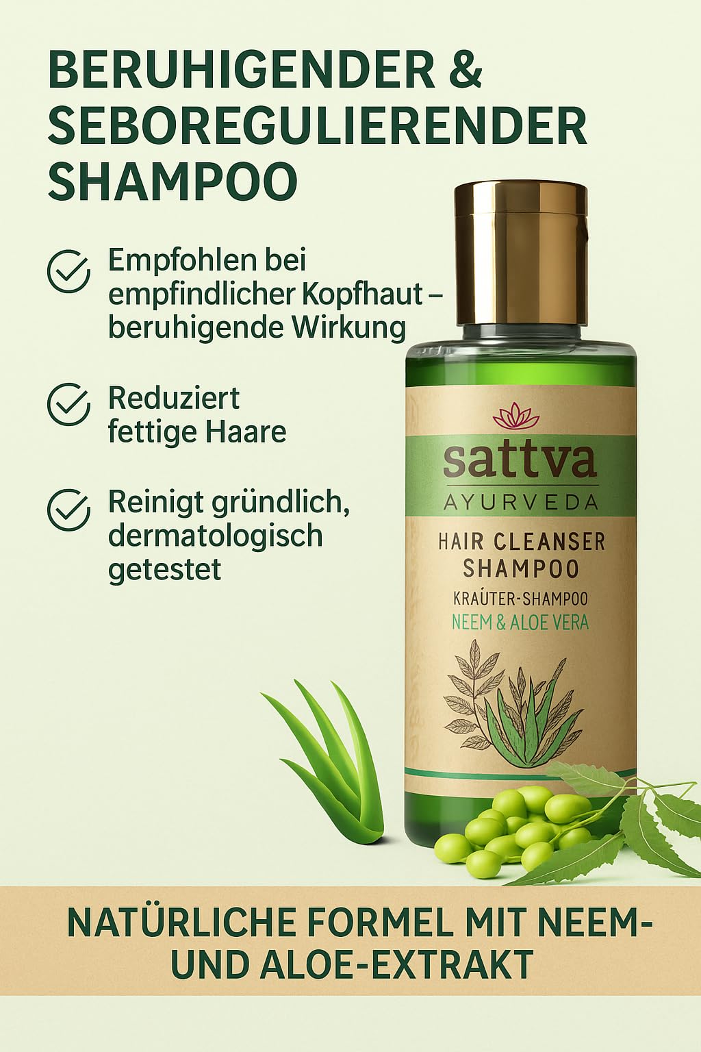 Sattva Ayurveda Shampoo Neem & Aloe  Mildes, Seboregulierendes Shampoo fr  empfindliche Kopfhaut  Beruhigend, Dermatologisch getestet, 98% Natrlich,  Ohne Sulfate & Silikone (210 ml) : Amazon.de: Kosmetik
