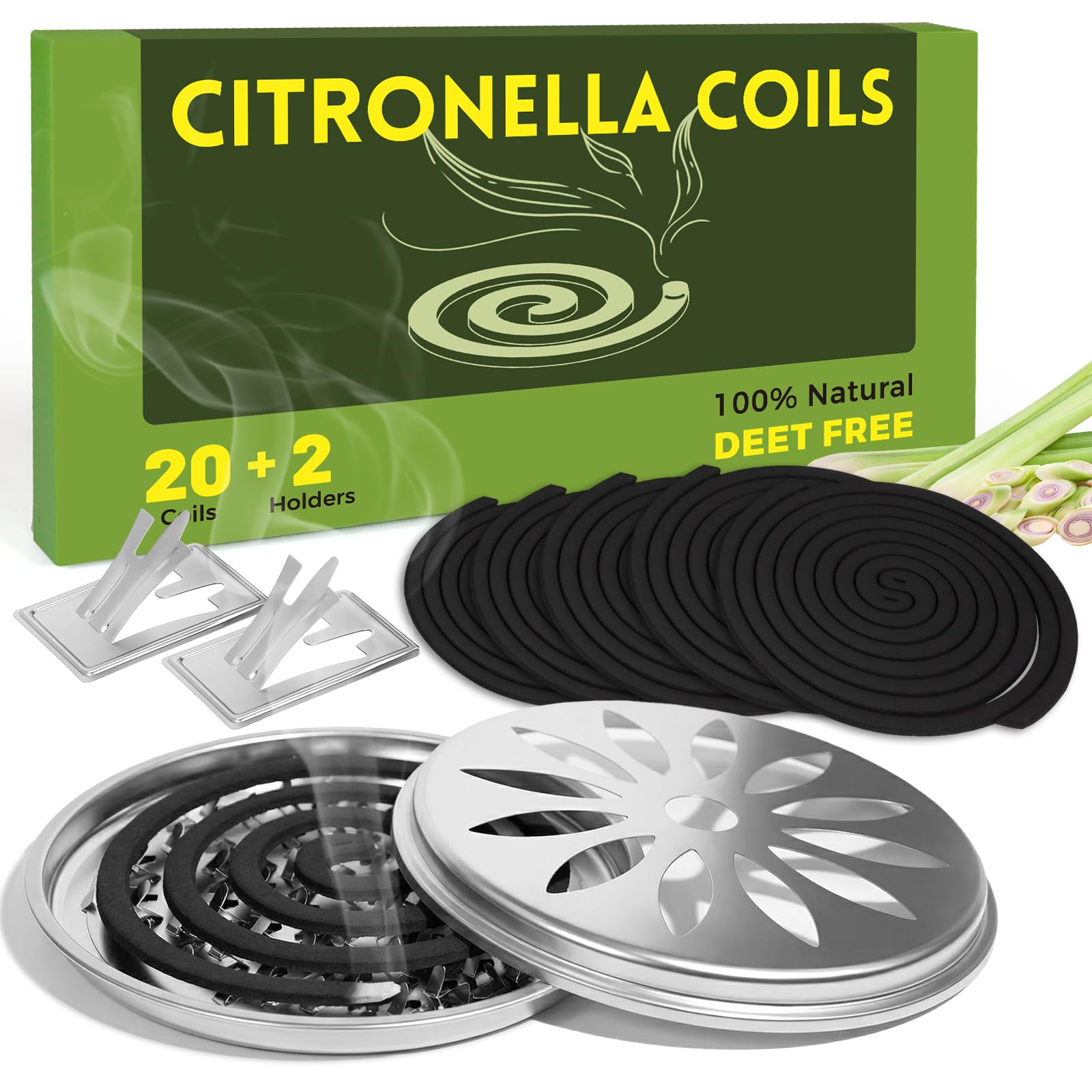 SCENTORINI Citronella Coils, Lemongrass Essential Oils, Long Lasting Fragrance, Citronella Incense Coils for Home, Outdoor, Indoor, Garden, Patio, Camping - 20 Coils