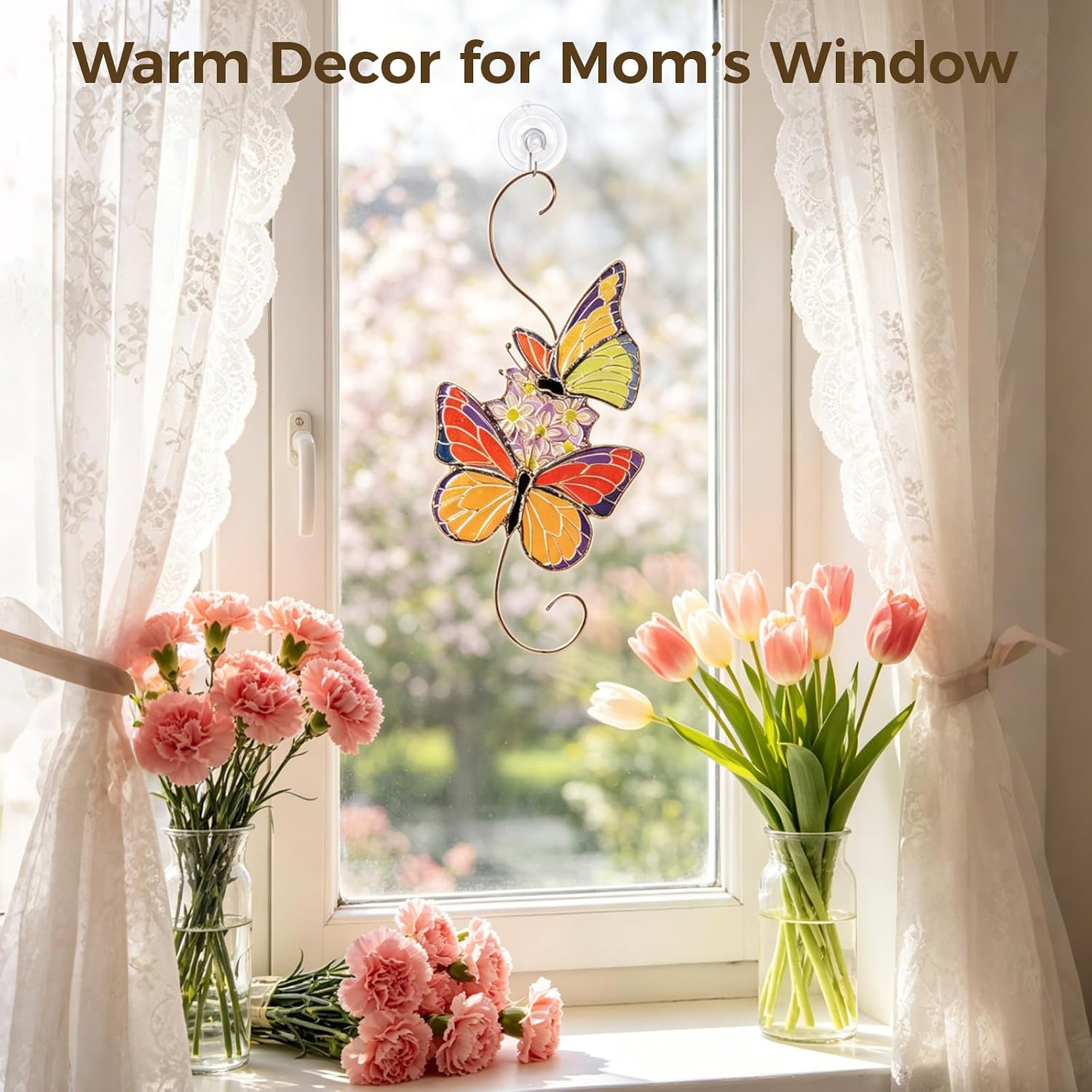 Handmade Monarch Butterfly Suncatcher, Stained Glass Suncatcher with Hanging Chain and Suction Cup, Birthday Mother's Day for Mom, Grandma, Aunt, Sister, Wife, Daughter, Women image 3