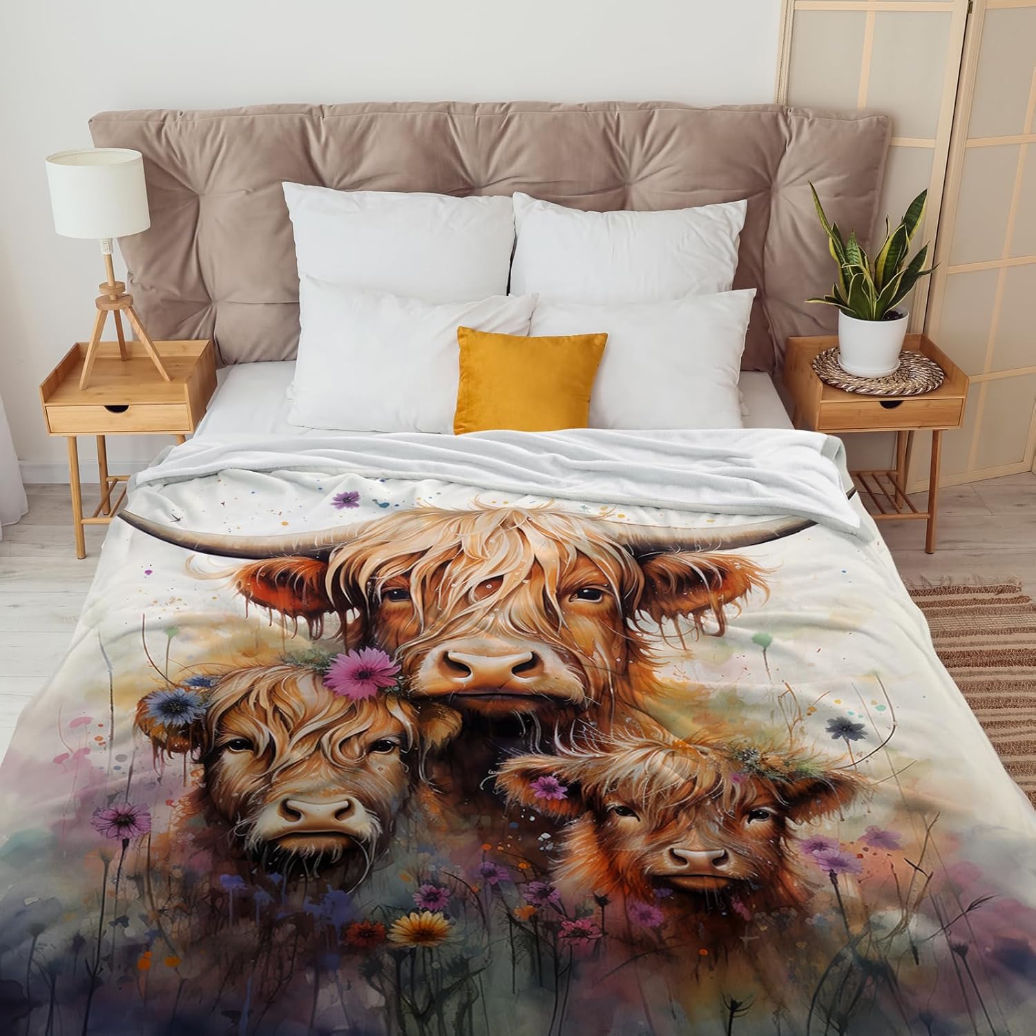 SARA NELL Highland Cow Blanket, Cute Highland Cow Family Flannel Throw Blanket, Watercolor Floral Flower and Cows Print Blankets, Cow Gifts for Women Men Girls, 50"x40" - Image 5